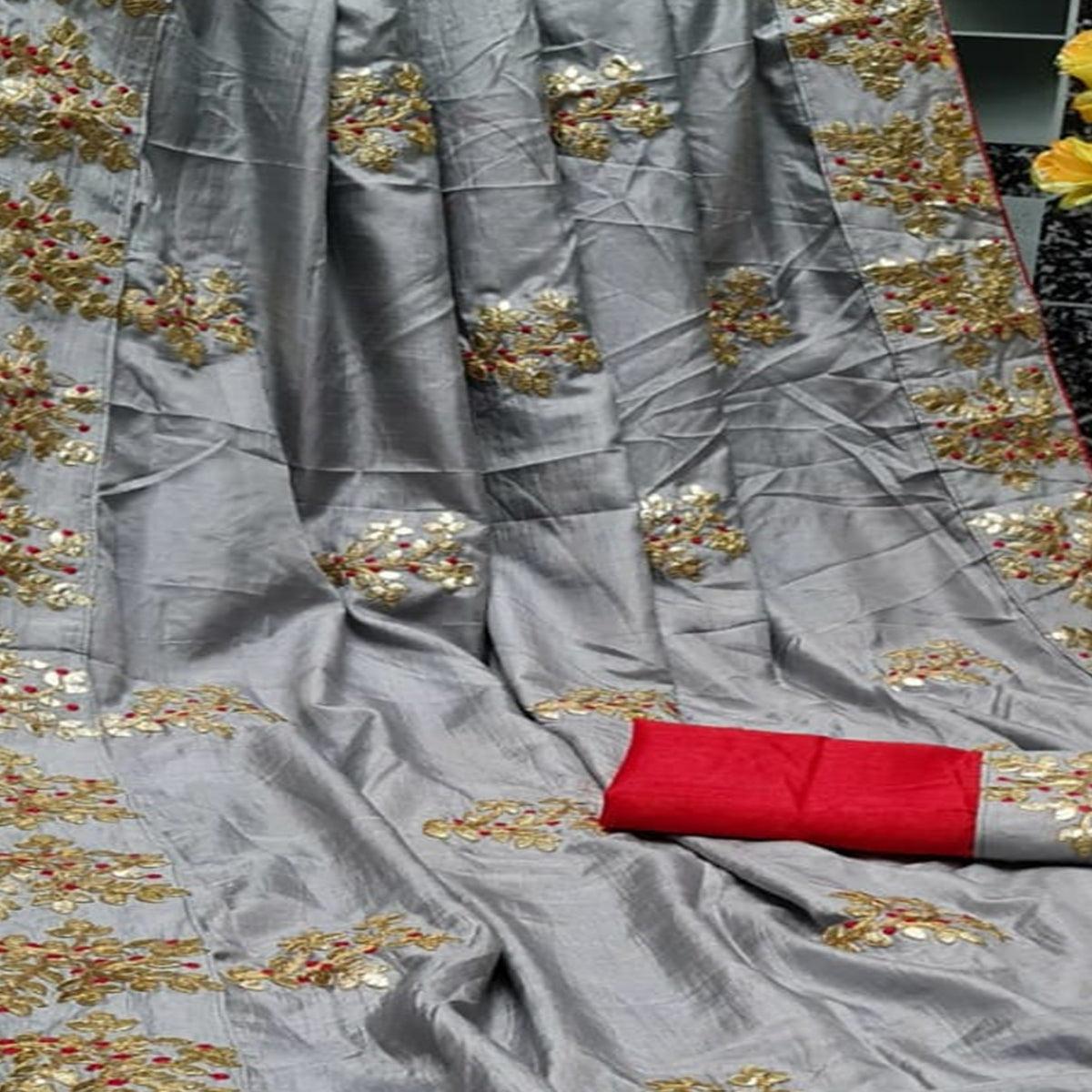 Demanding Grey Colored Festive Wear Butta Work Dola Silk Saree - Peachmode