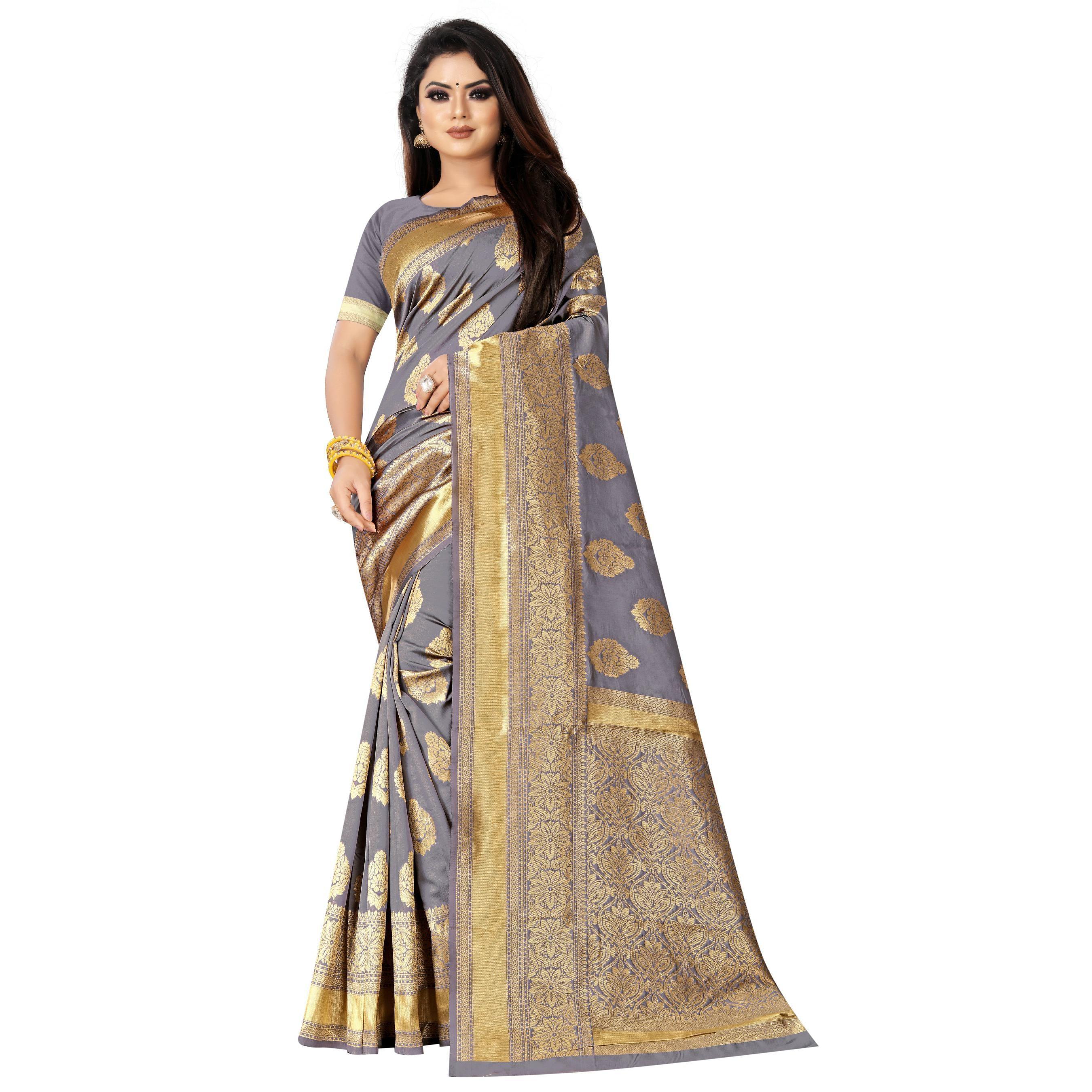 Demanding Grey Colored Festive Wear Woven Lichi Silk Saree - Peachmode