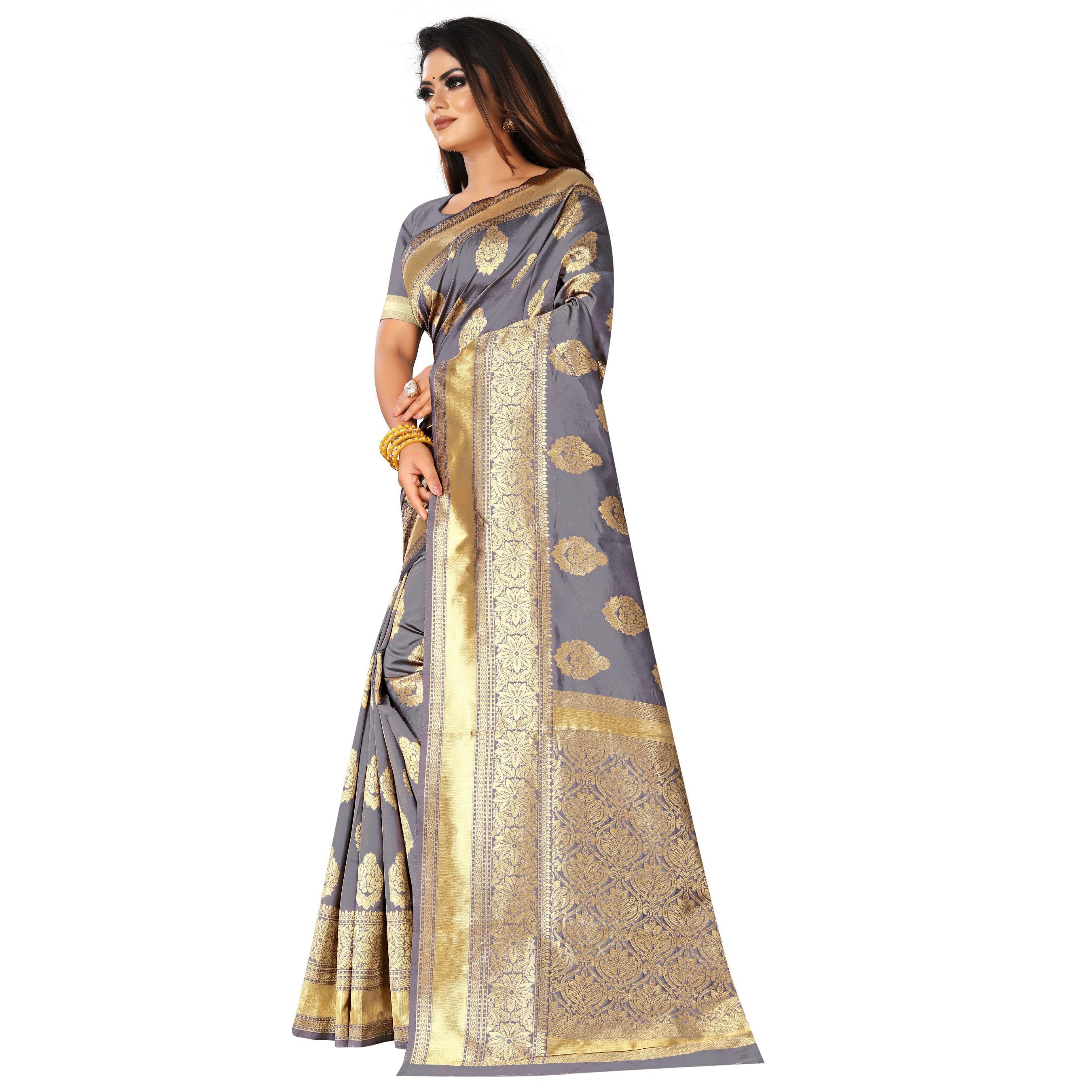 Demanding Grey Colored Festive Wear Woven Lichi Silk Saree - Peachmode