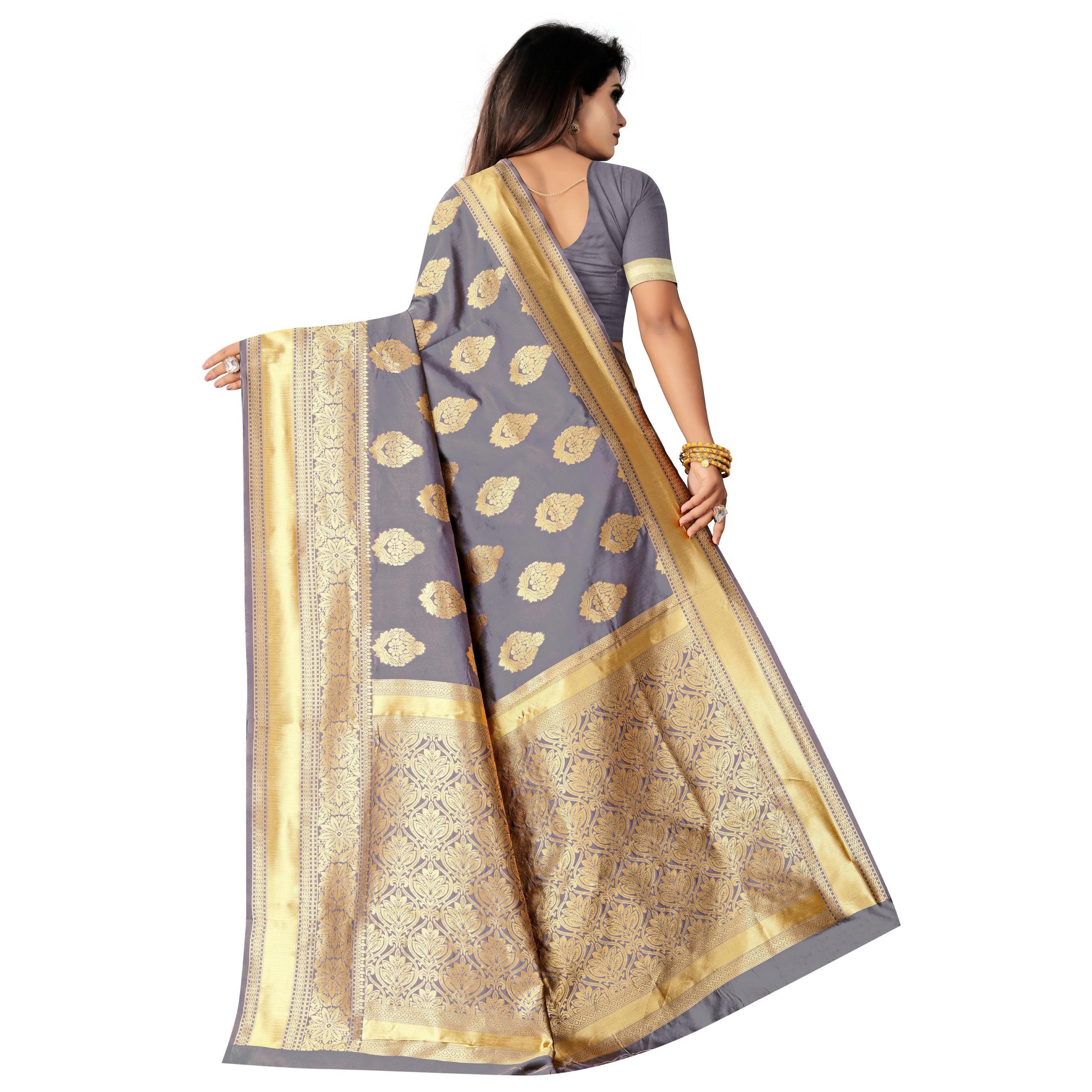 Demanding Grey Colored Festive Wear Woven Lichi Silk Saree - Peachmode