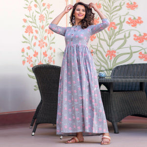 Demanding Lavender Colored Partywear Printed Muslin Blend Long Kurti - Peachmode