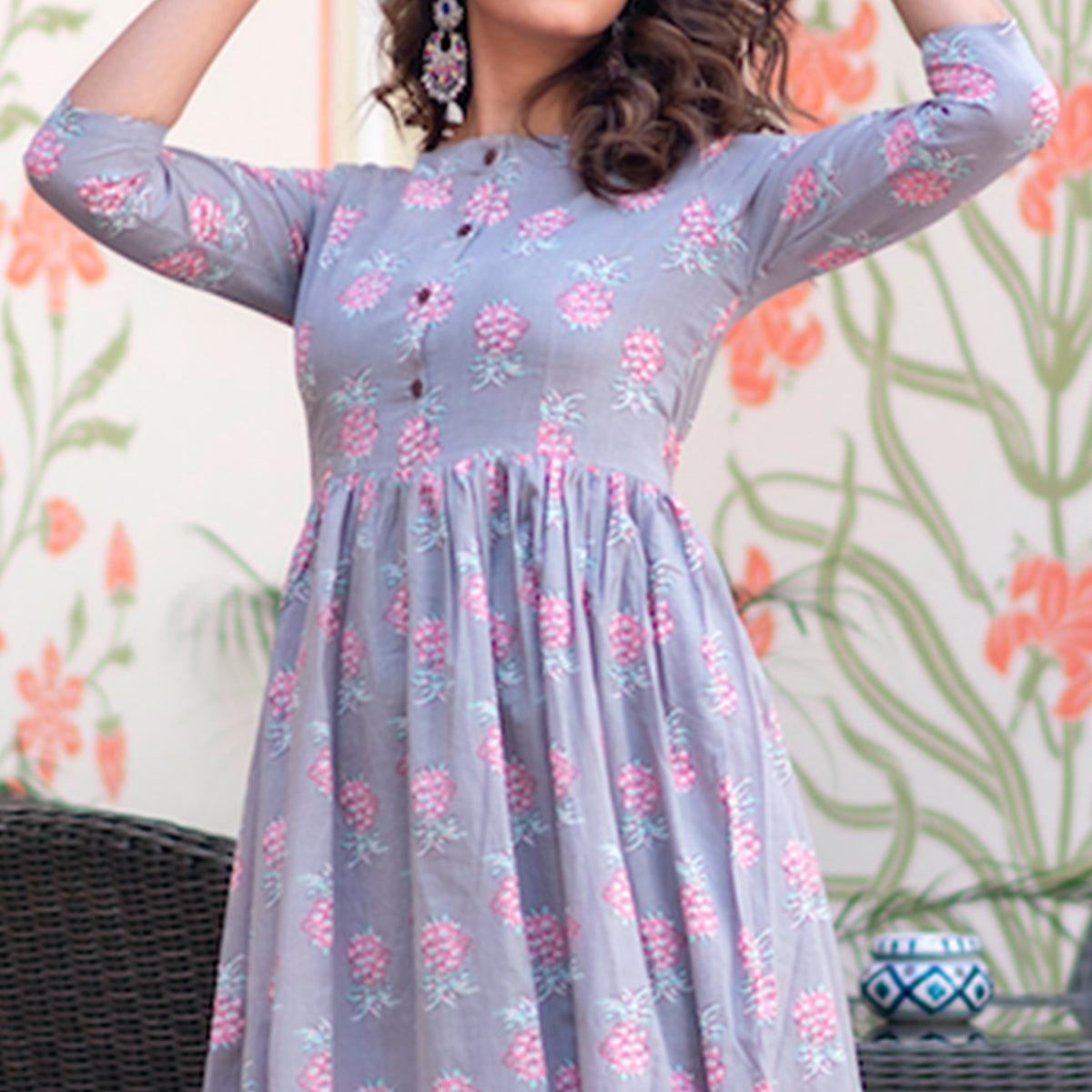 Demanding Lavender Colored Partywear Printed Muslin Blend Long Kurti - Peachmode