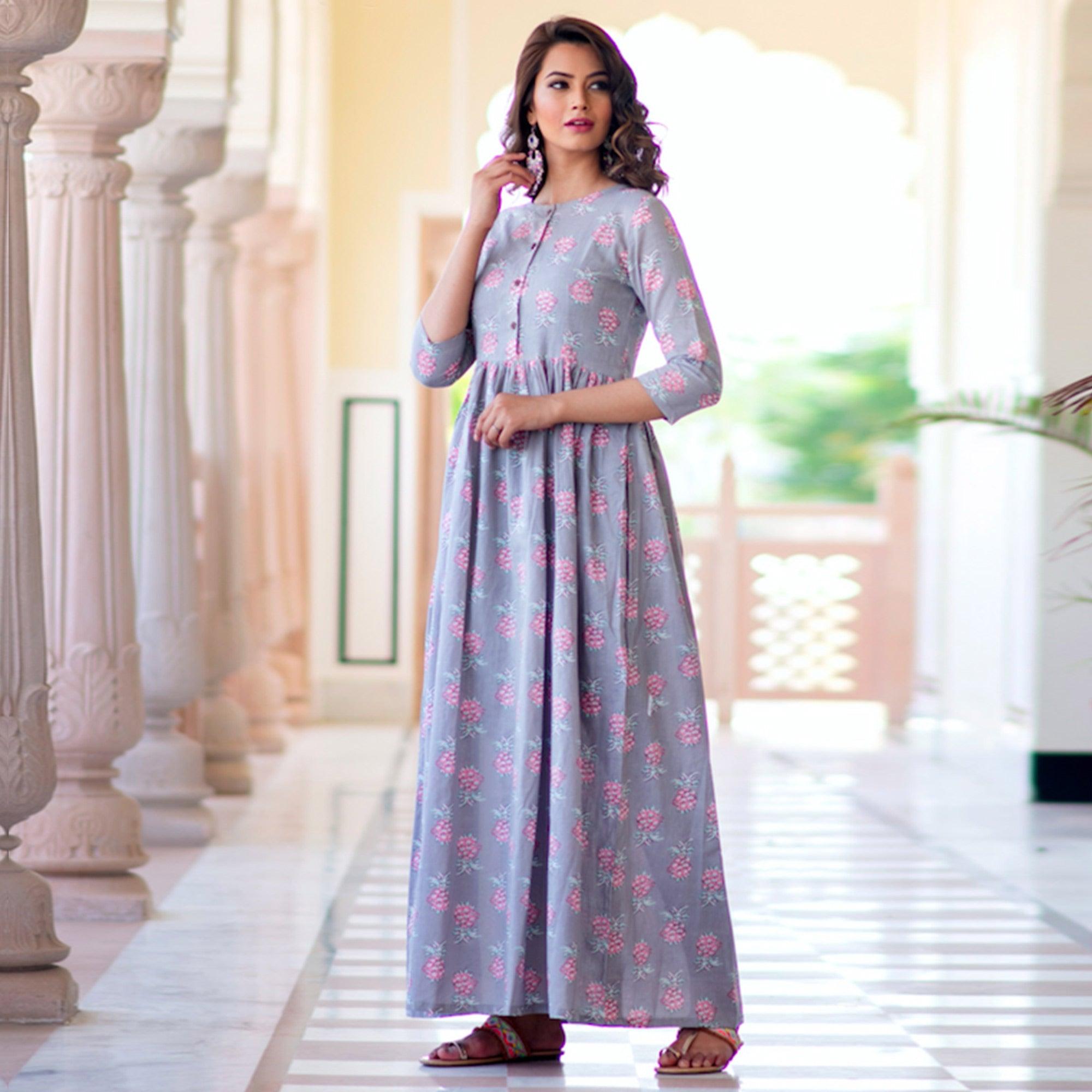 Demanding Lavender Colored Partywear Printed Muslin Blend Long Kurti - Peachmode