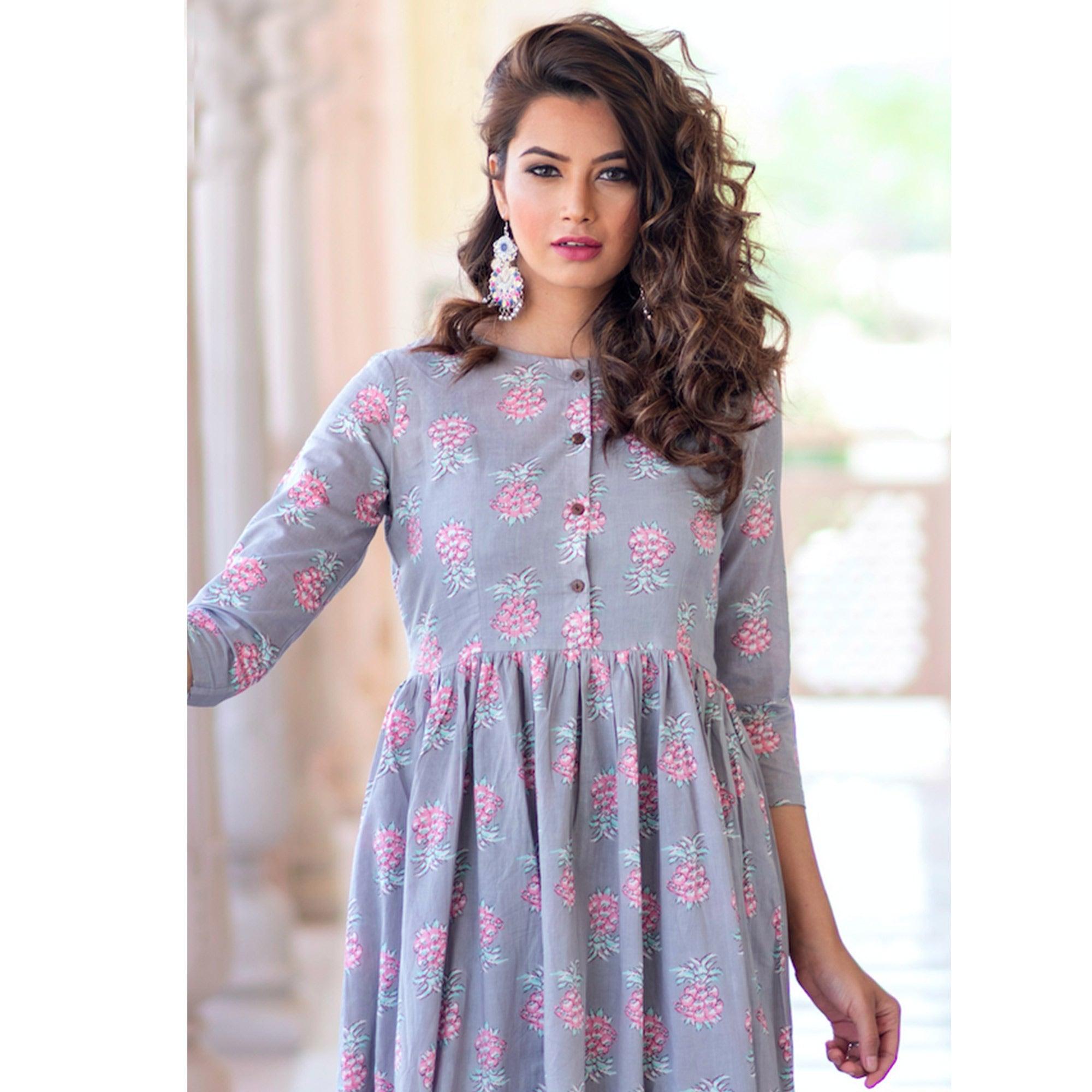 Demanding Lavender Colored Partywear Printed Muslin Blend Long Kurti - Peachmode