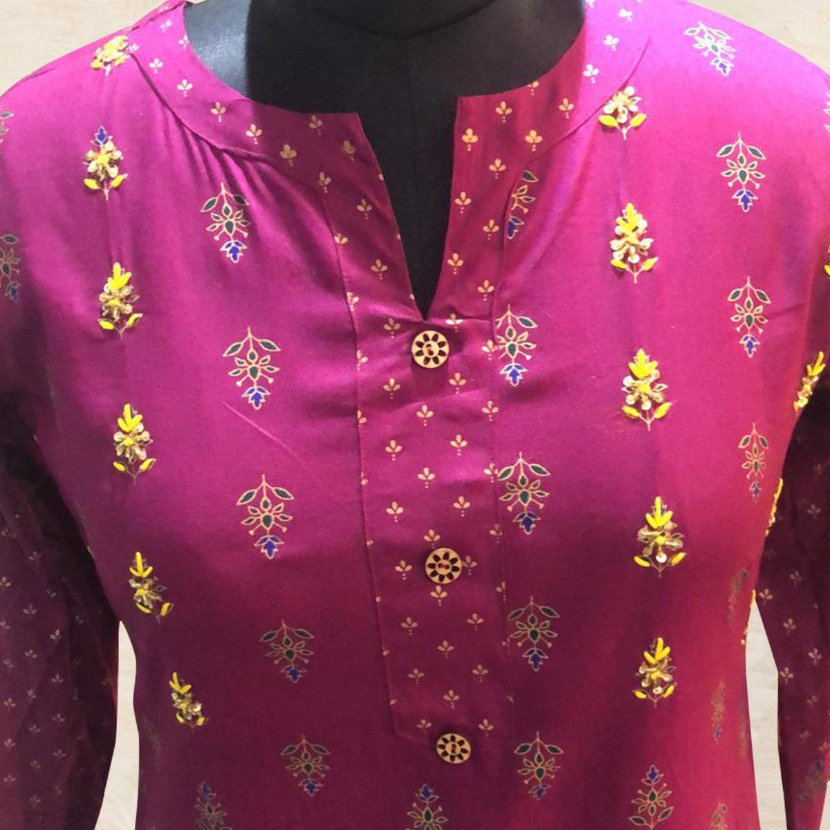 Demanding Magenta Pink Colored Partywear Printed Cotton Kurti-Skirt Set - Peachmode