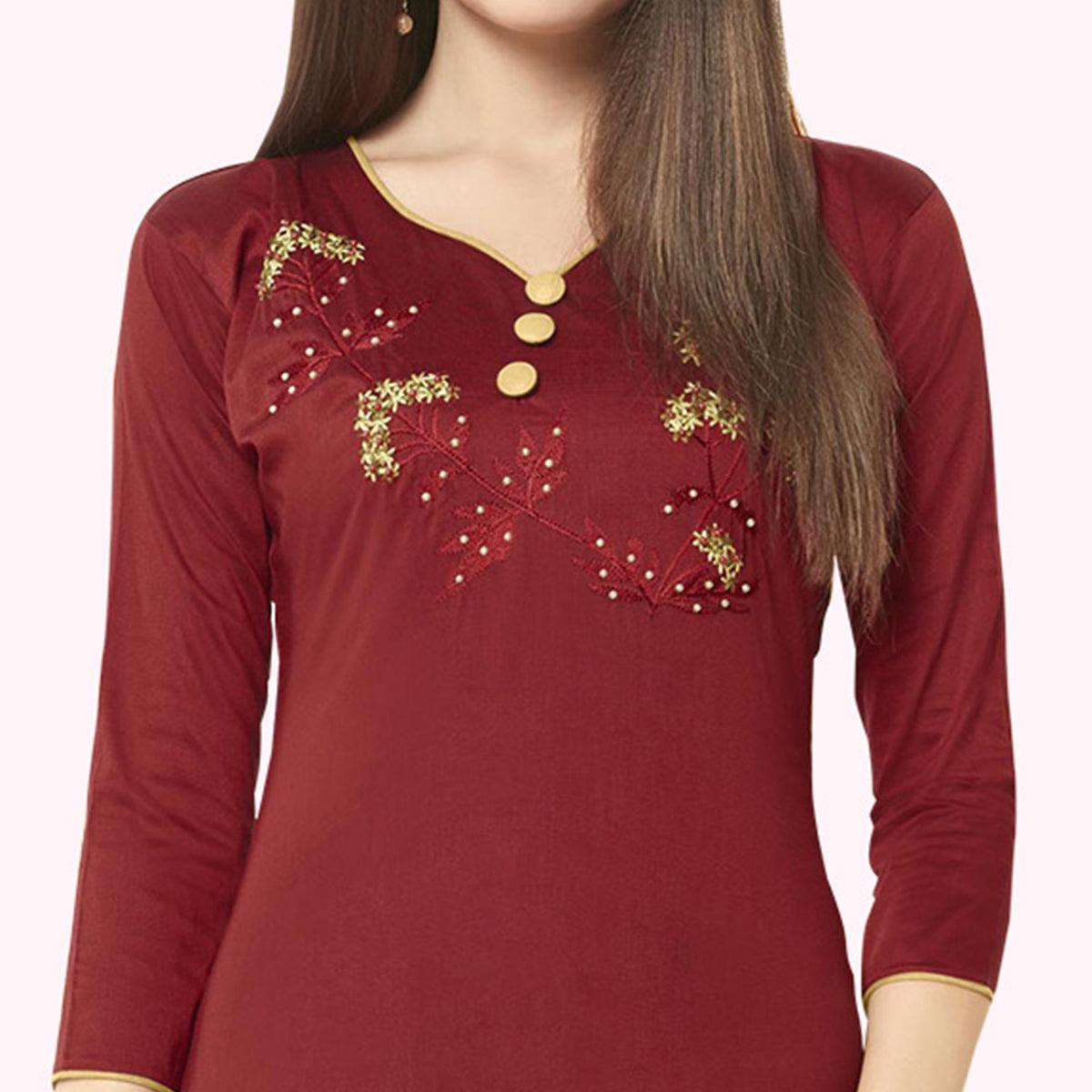 Demanding Maroon Colored Casual Wear Embroidered Cotton Dress Material - Peachmode
