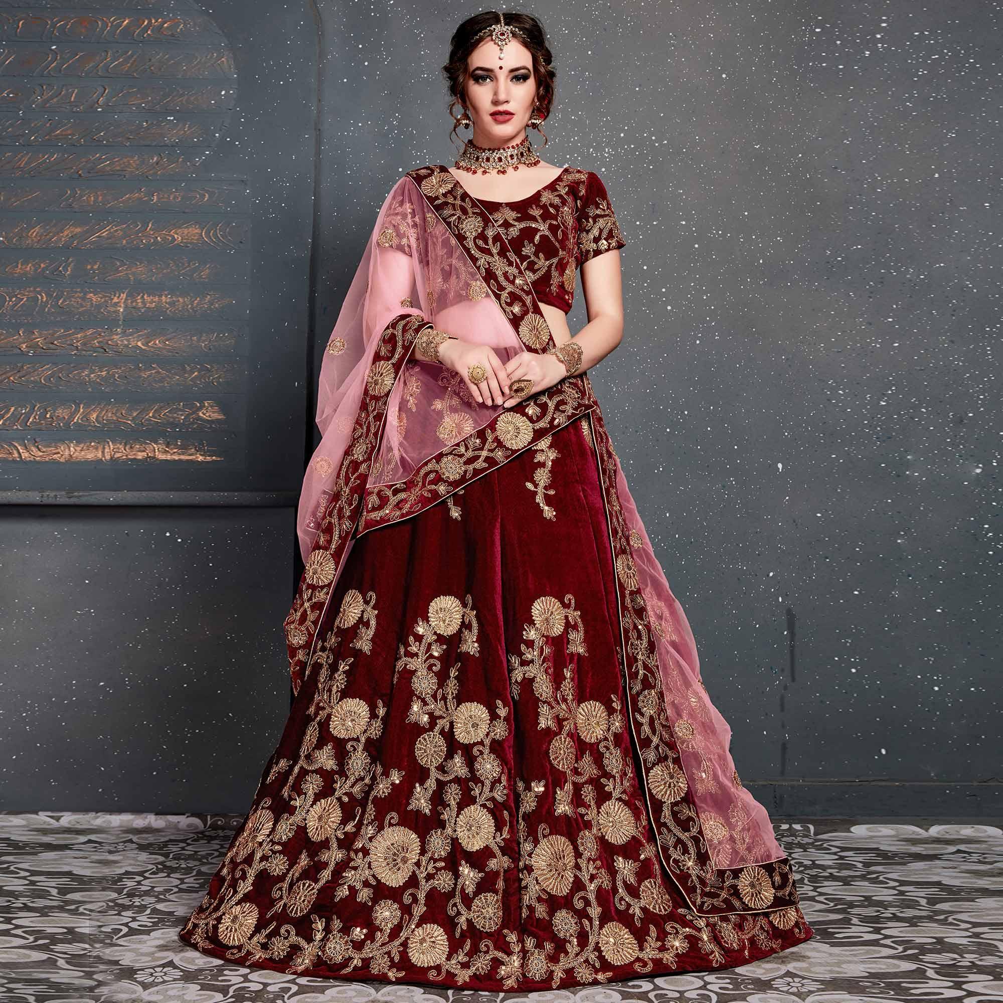 Demanding Maroon Colored Partywear Designer Embroidered Velvet Lehenga Choli - Peachmode