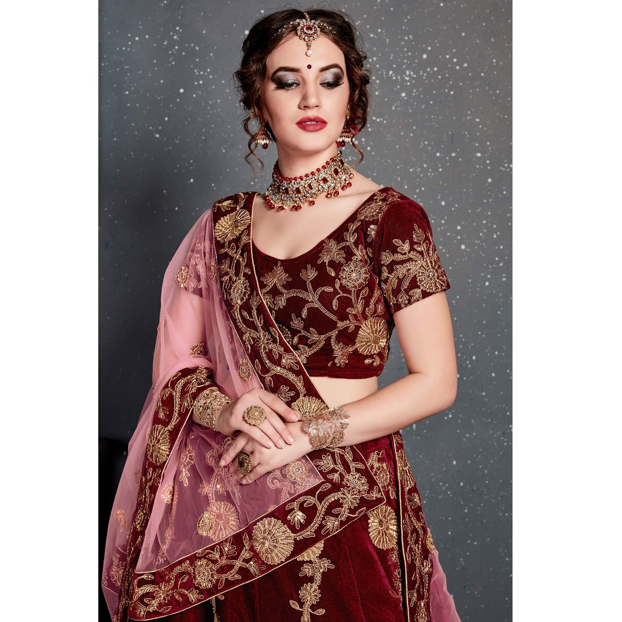 Demanding Maroon Colored Partywear Designer Embroidered Velvet Lehenga Choli - Peachmode