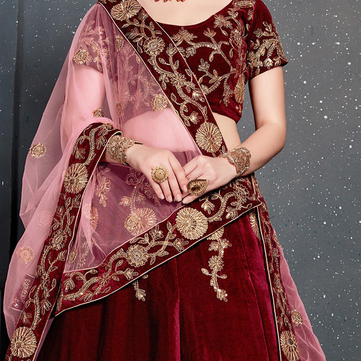 Demanding Maroon Colored Partywear Designer Embroidered Velvet Lehenga Choli - Peachmode
