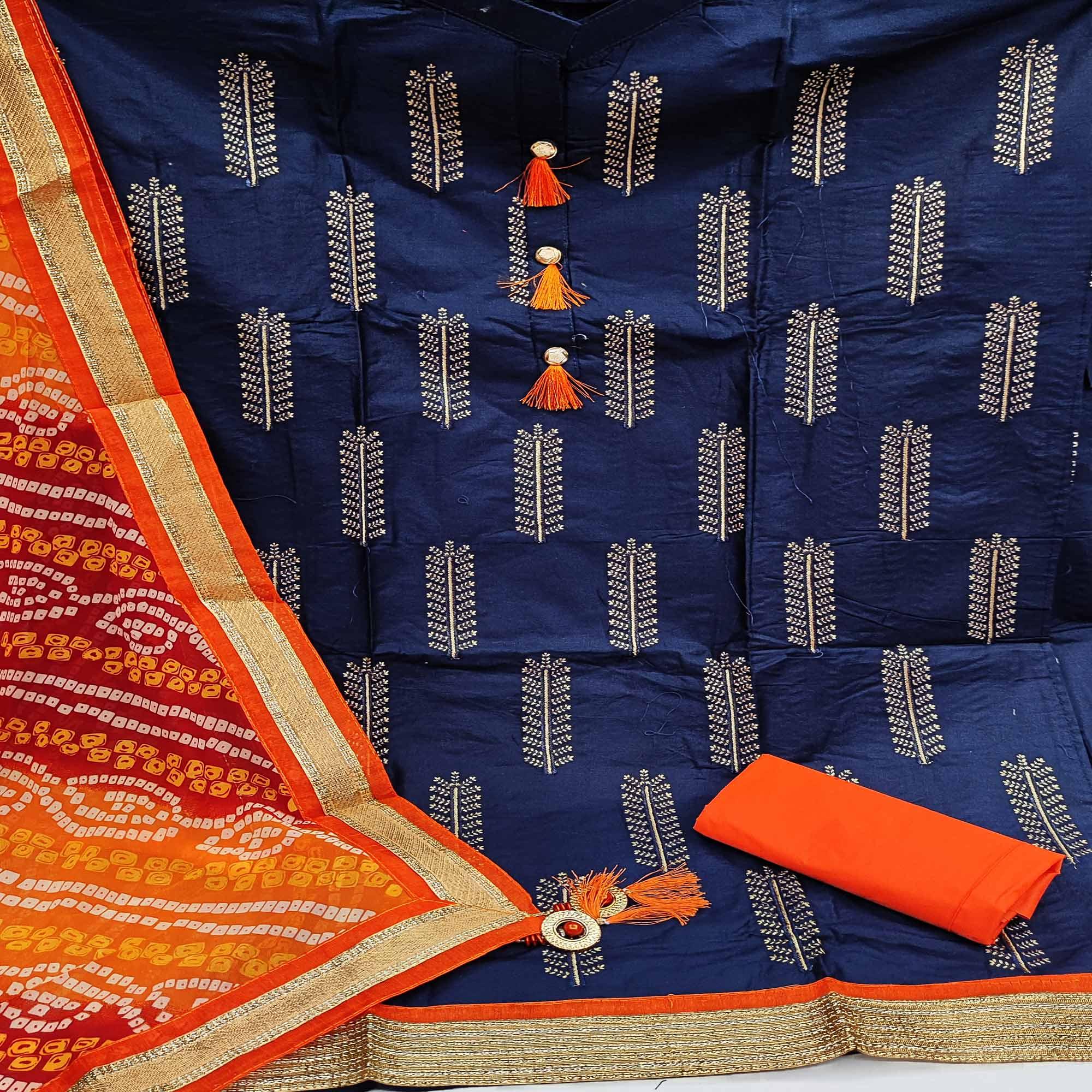 Demanding Navy Blue Colored Casual Wear Embroidered Cotton Dress Material - Peachmode