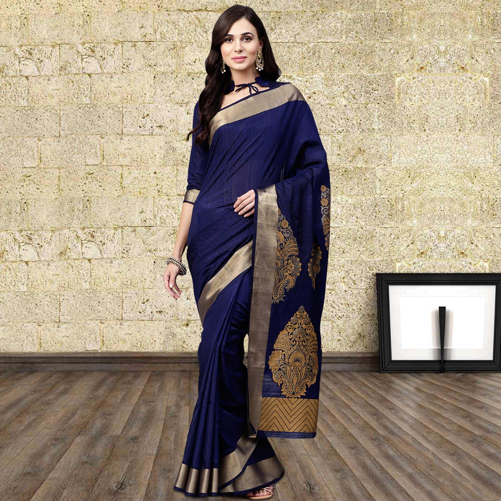 Demanding Navy Blue Colored Festive Wear Woven Silk Blend Saree - Peachmode