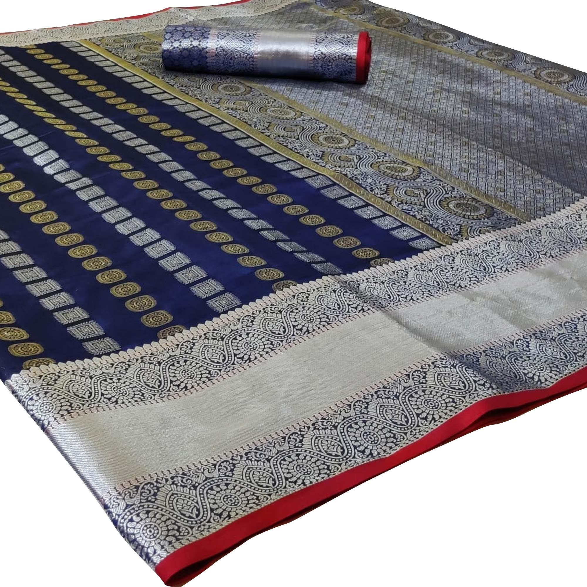 Demanding Navy Blue Colored Festive Wear Woven Silk Saree - Peachmode