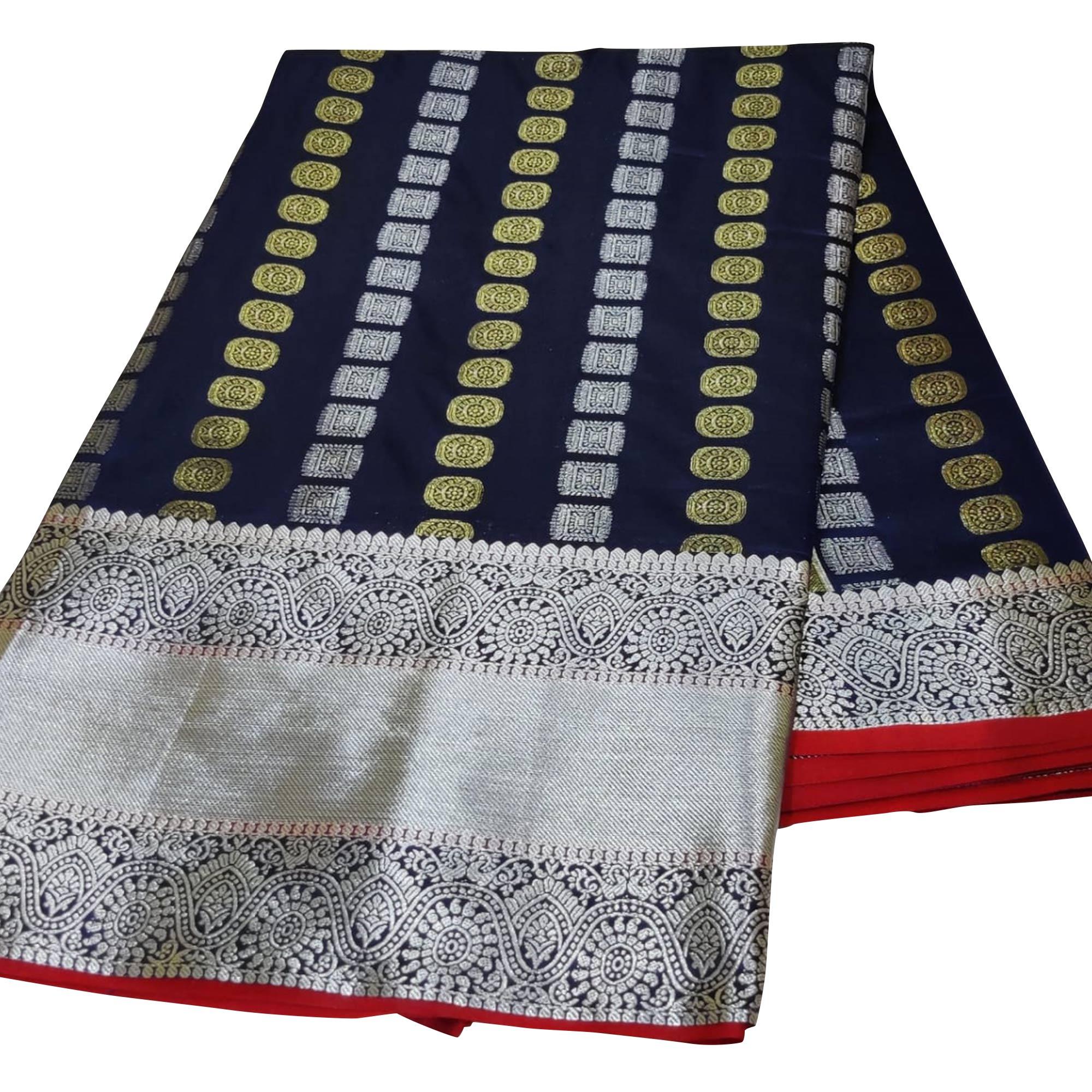 Demanding Navy Blue Colored Festive Wear Woven Silk Saree - Peachmode