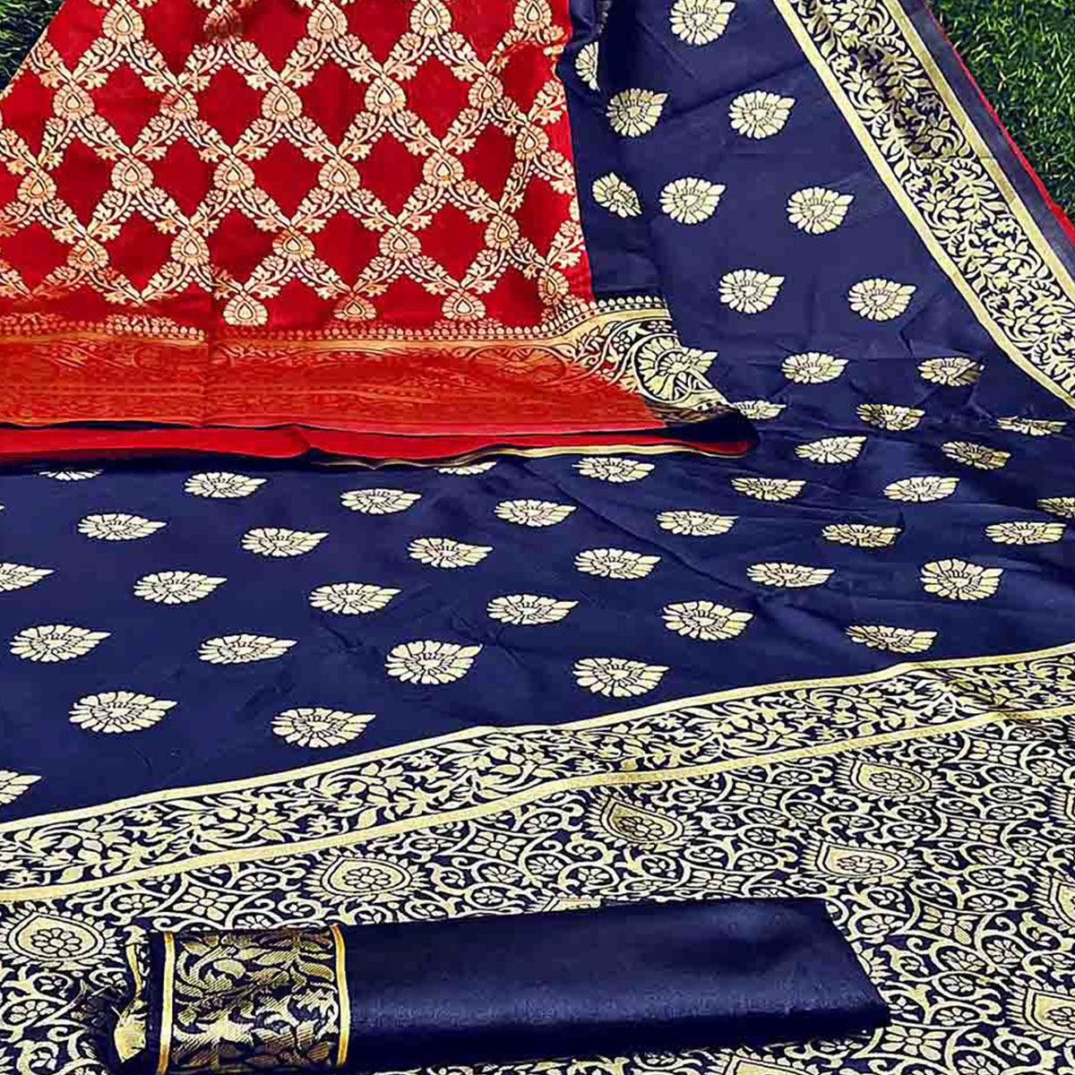 Demanding Navy Blue - Red Colored Festive Wear Woven Heavy Art Silk Saree - Peachmode