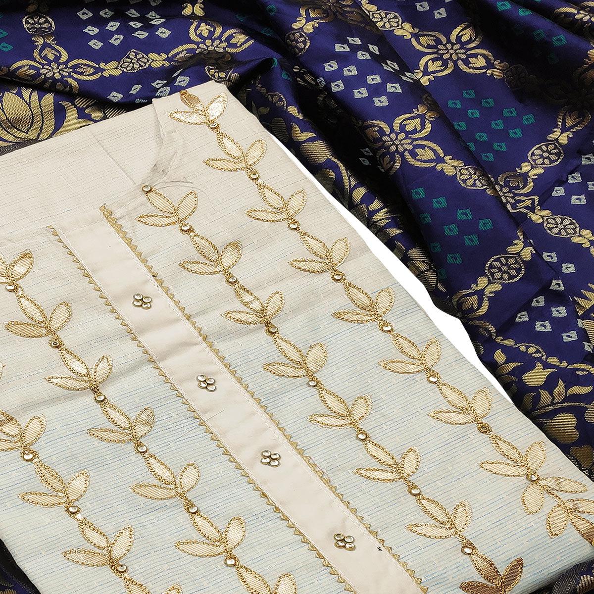 Demanding Offwhite - Navy Blue Colored Casual Embroidered Cotton Dress Material - Peachmode