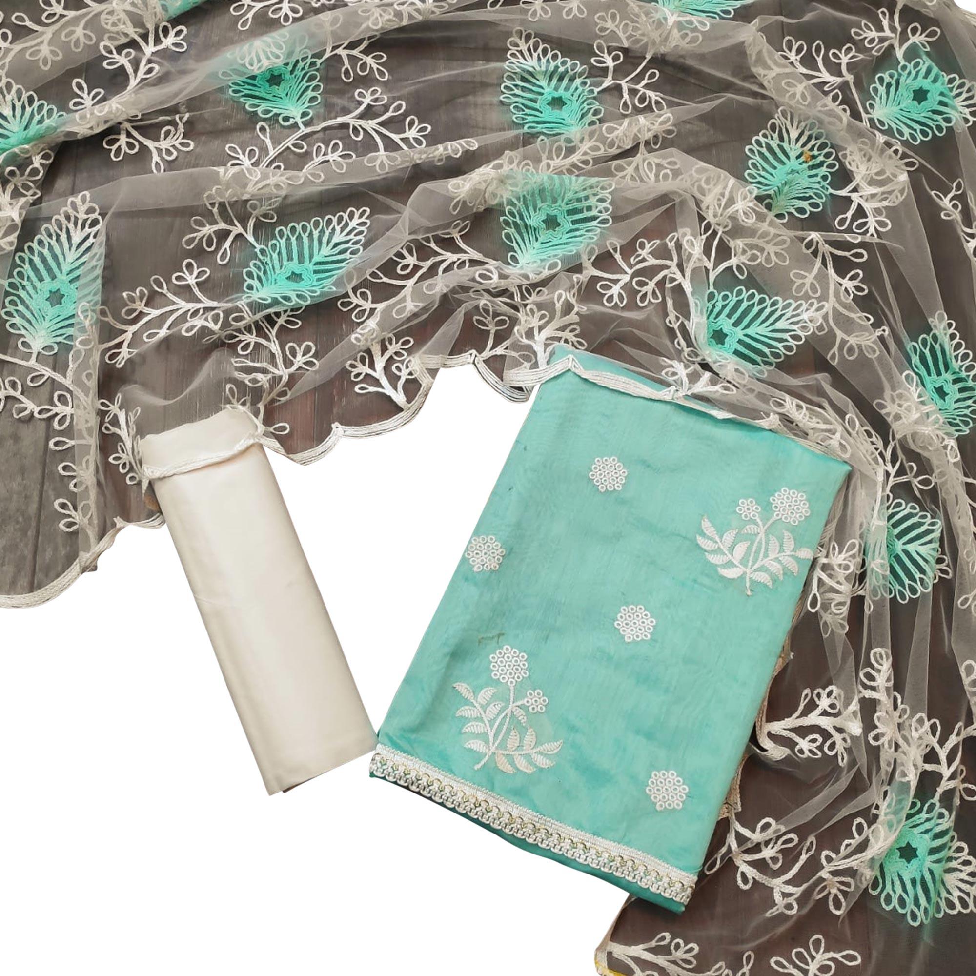 Demanding Pastel Blue Colored Casual Embroidered Chanderi Dress Material - Peachmode