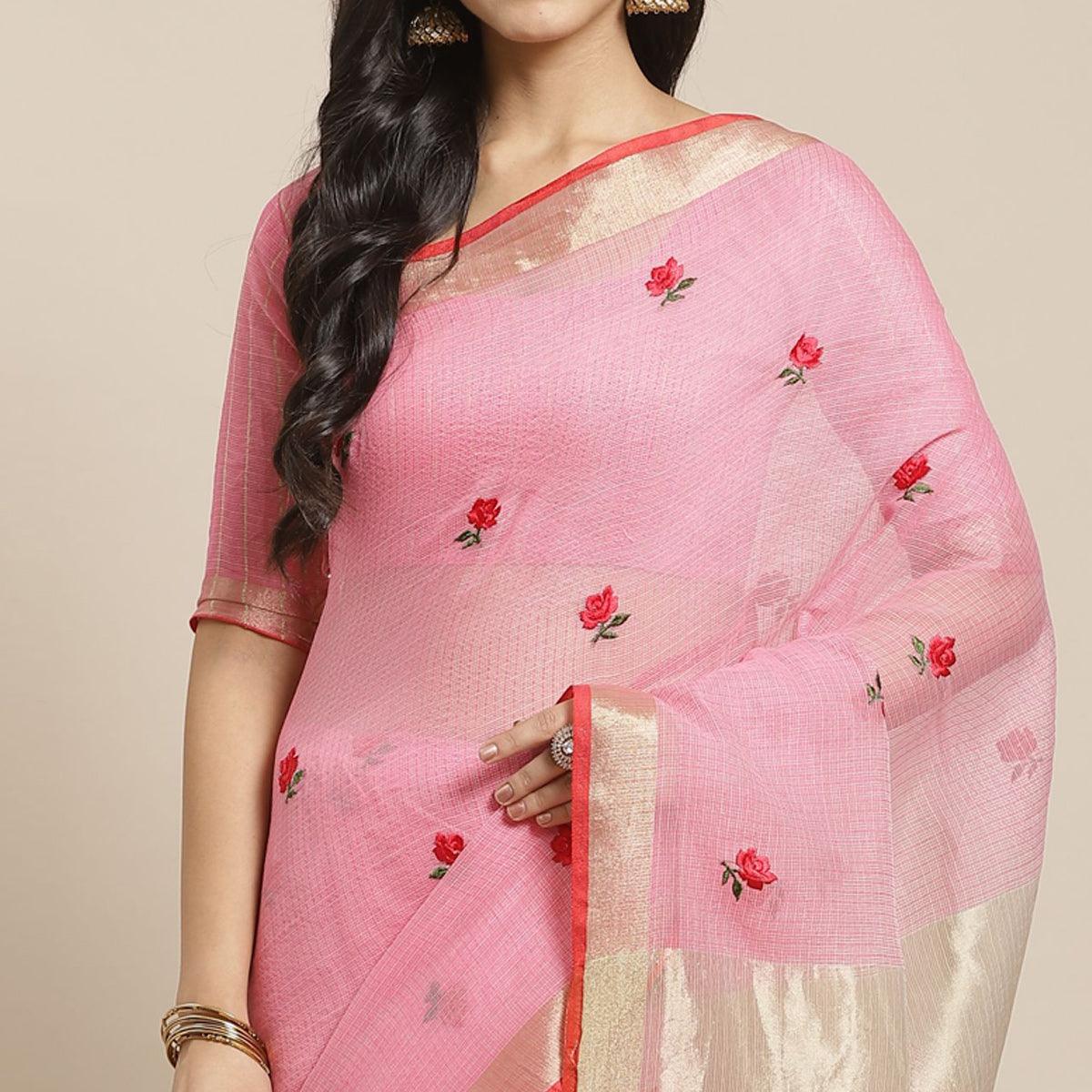 Demanding Pink Colored Casual Wear Embroidered Art Silk Saree - Peachmode