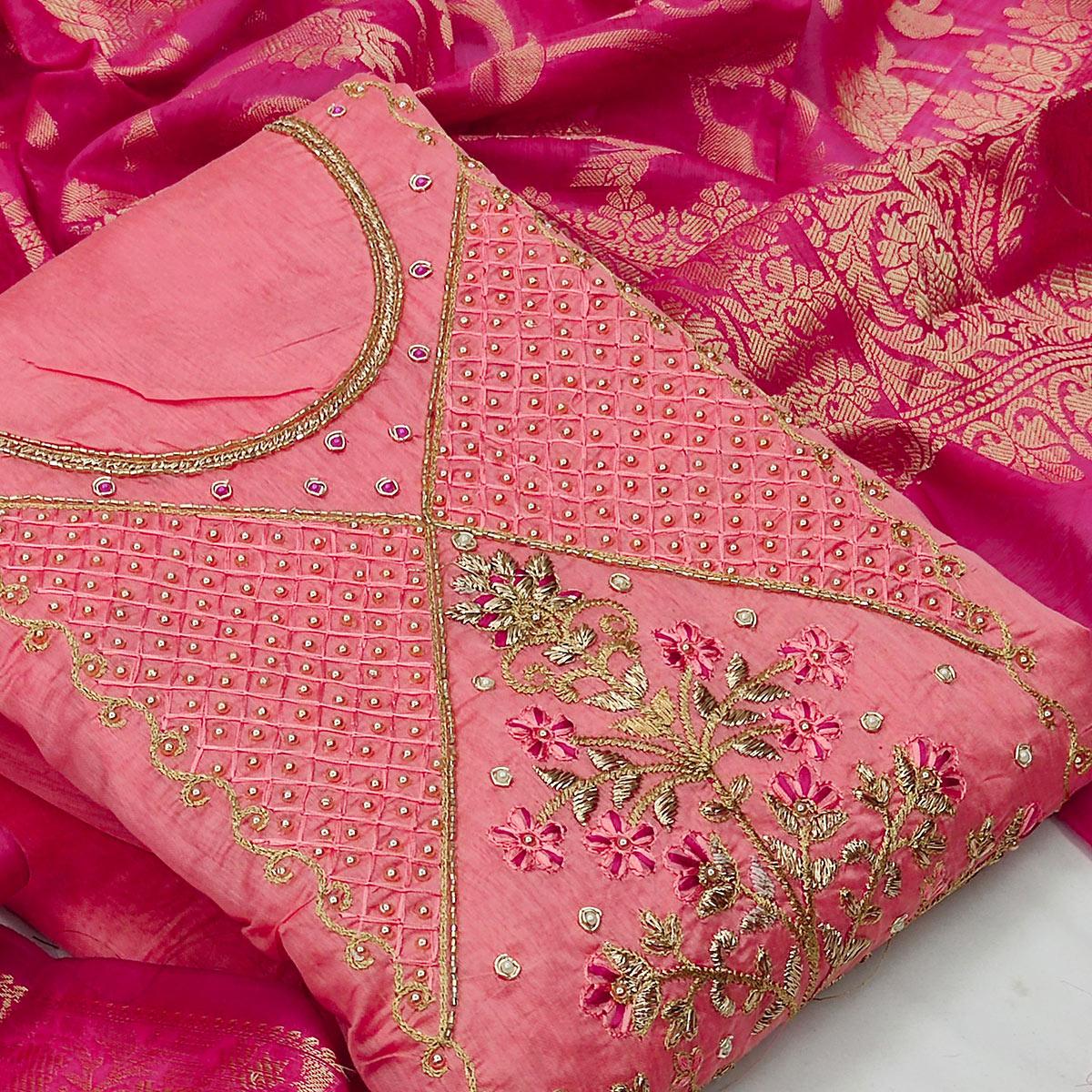 Demanding Pink Colored Festive Wear Embroidered Modal Chanderi Dress Material - Peachmode