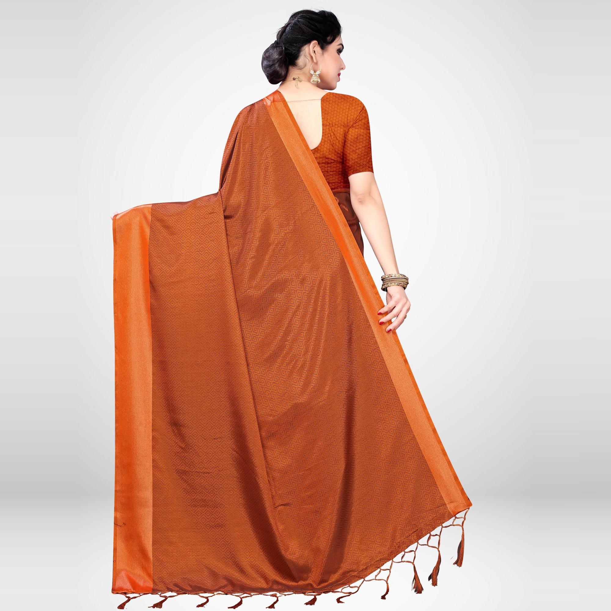 Demanding Rust Colored Festive Wear Woven Satin Saree - Peachmode