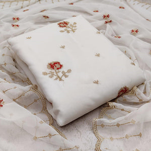 Demanding White Colored Casual Wear Embroidered Georgette Dress Material - Peachmode