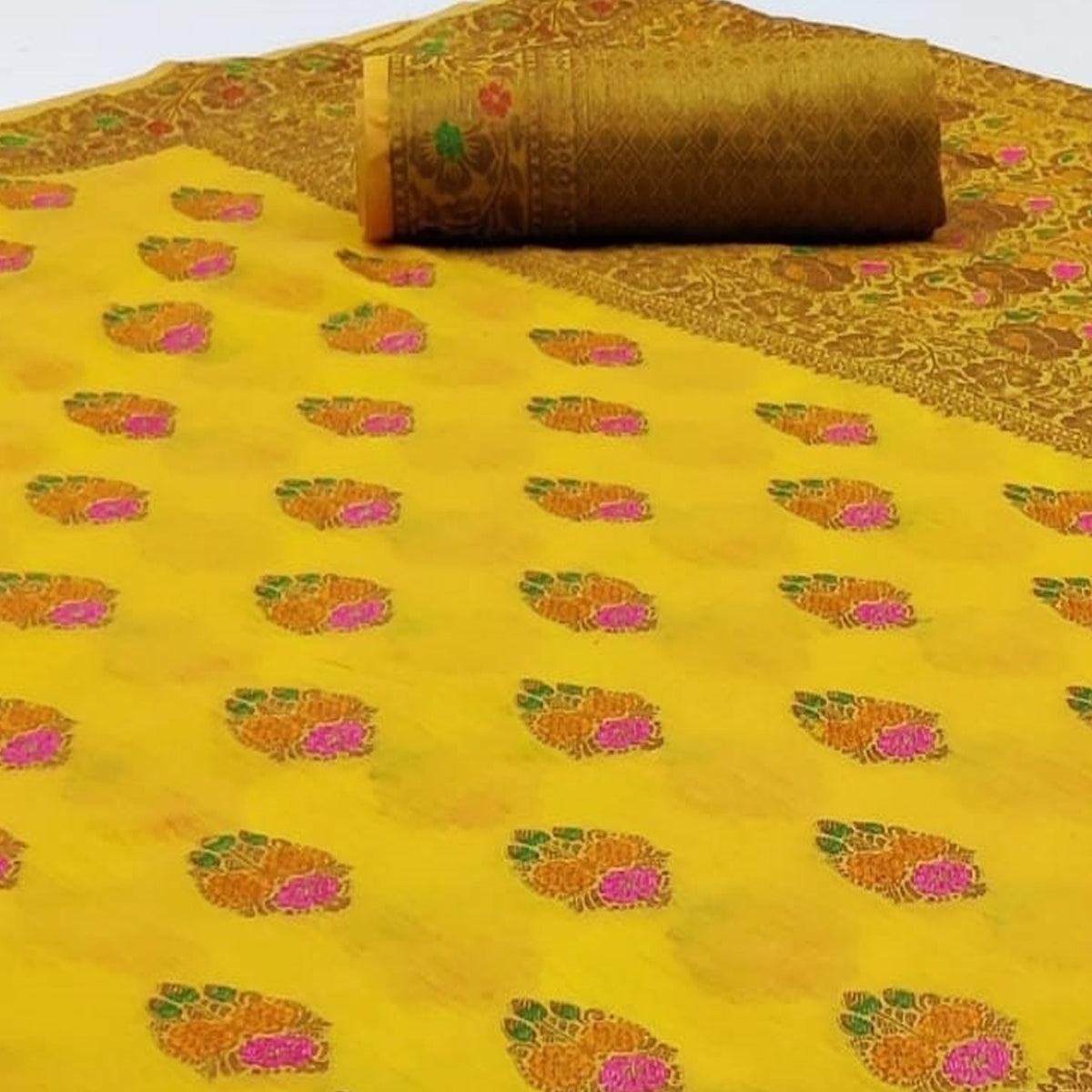 Demanding Yellow Colored Festive Wear Woven Cotton Saree - Peachmode