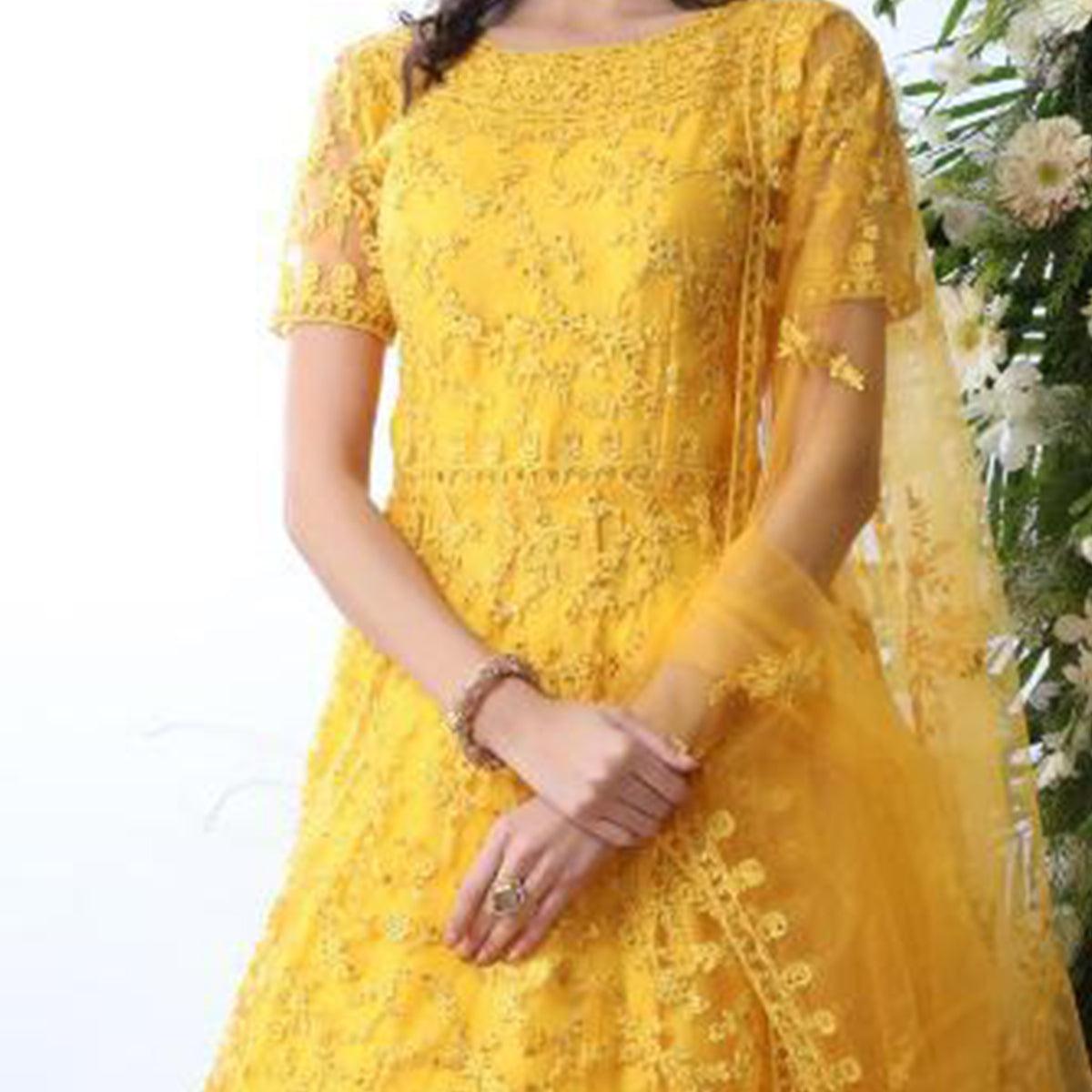 Demanding Yellow Colored Party Wear Embroidered Net Gown With Dupatta - Peachmode