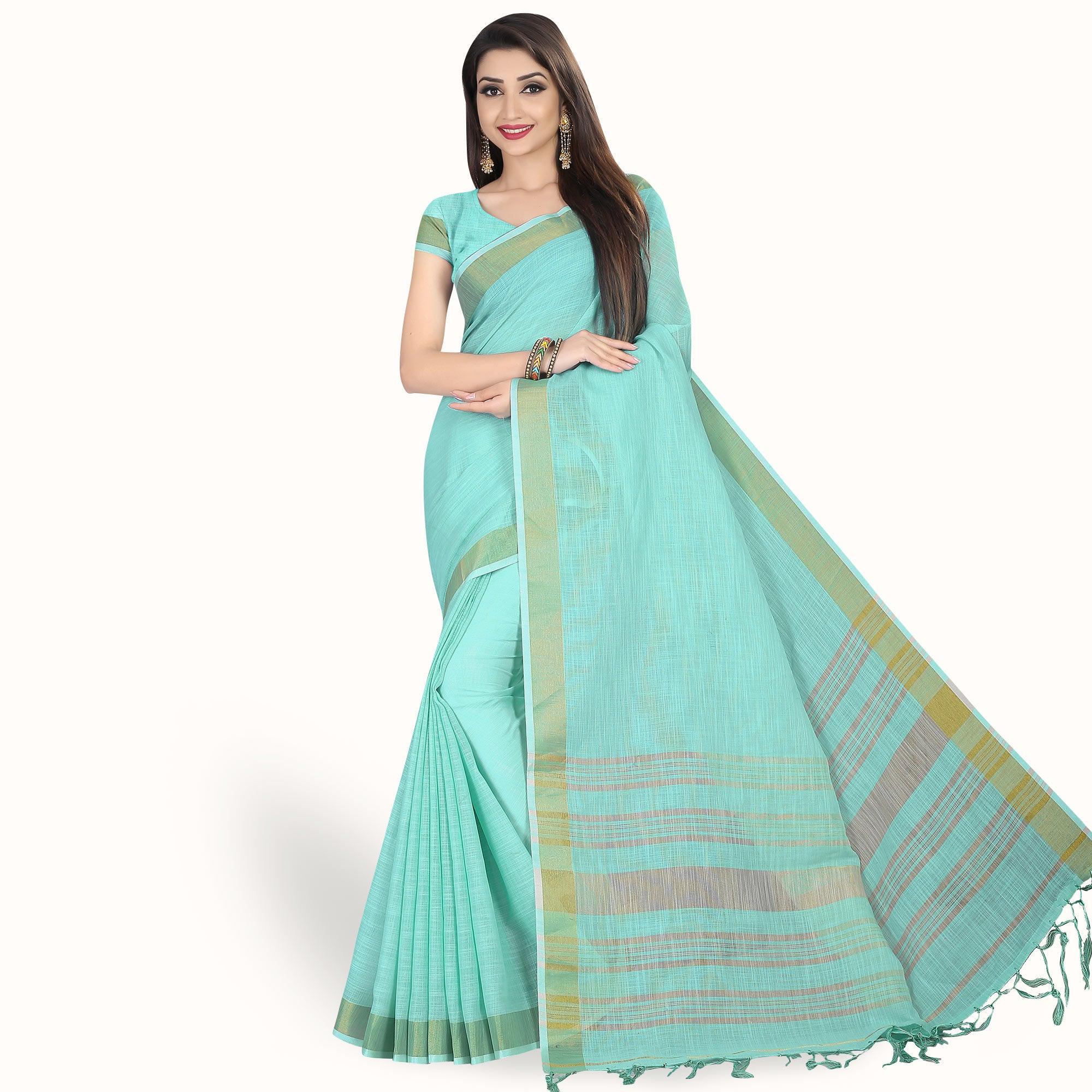 Desirable Aqua Blue Colored Festive Wear Cotton Linen Saree - Peachmode