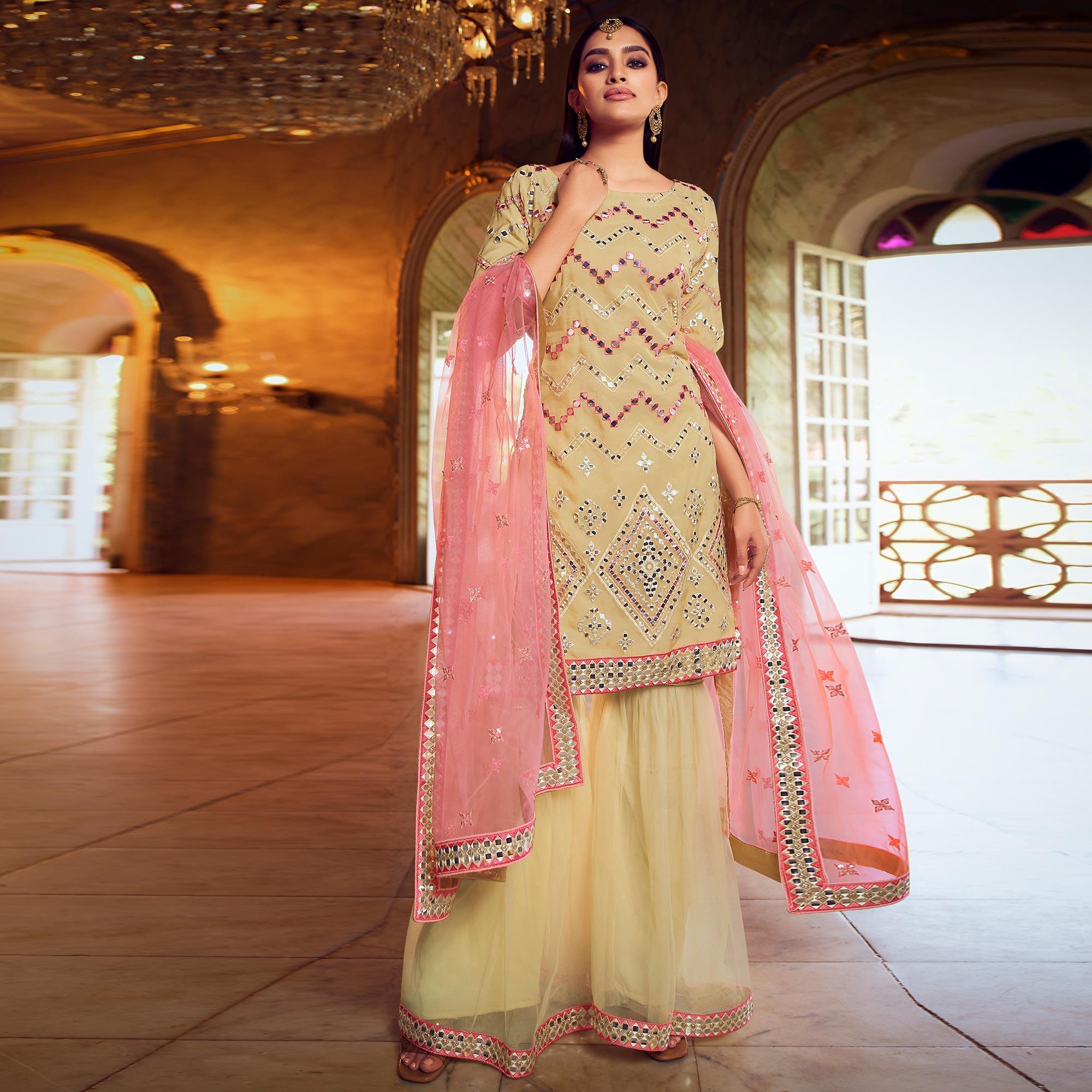 Desirable Beige Coloured Partywear Thread Foil Mirror Work Organza Pallazo Suit - Peachmode