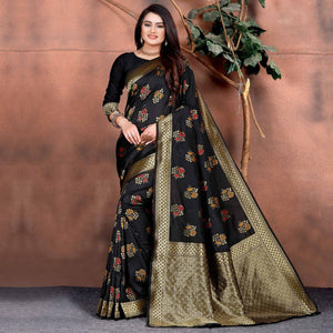 Desirable Black Colored Festive Wear Woven Silk Saree - Peachmode