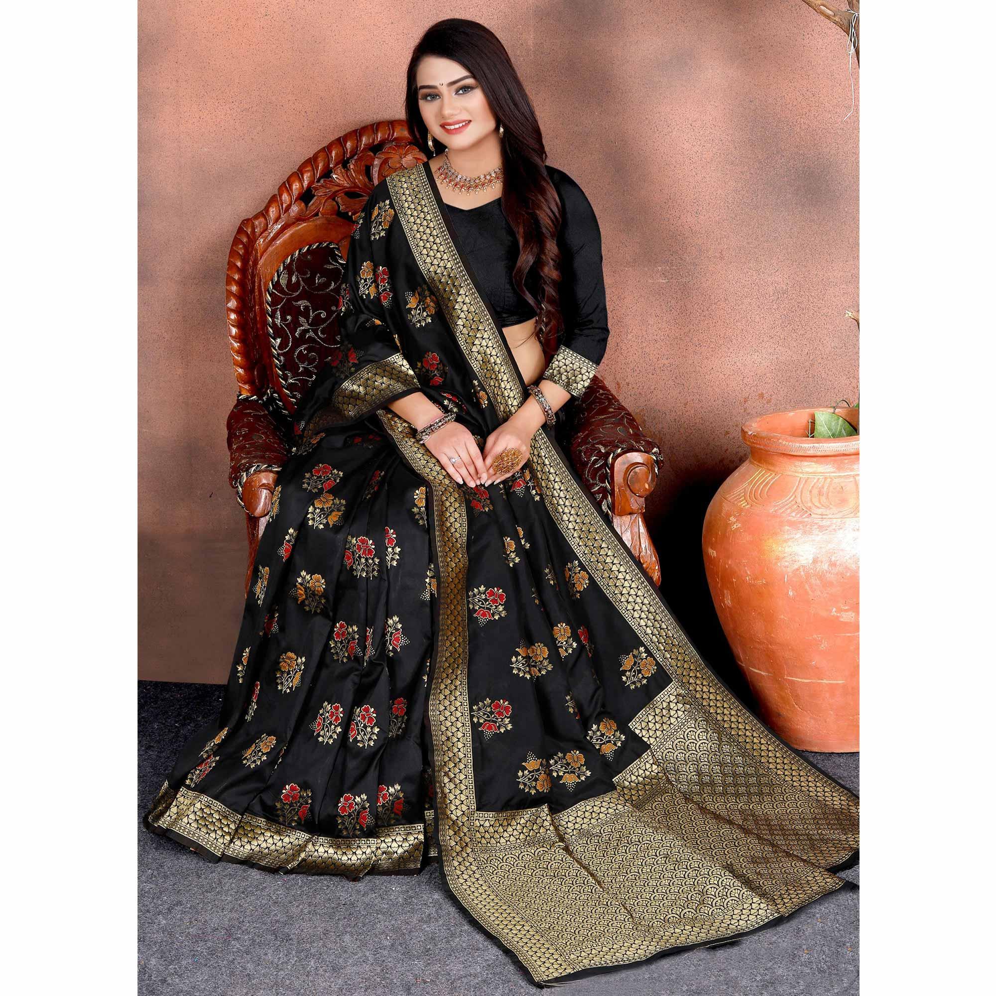 Desirable Black Colored Festive Wear Woven Silk Saree - Peachmode