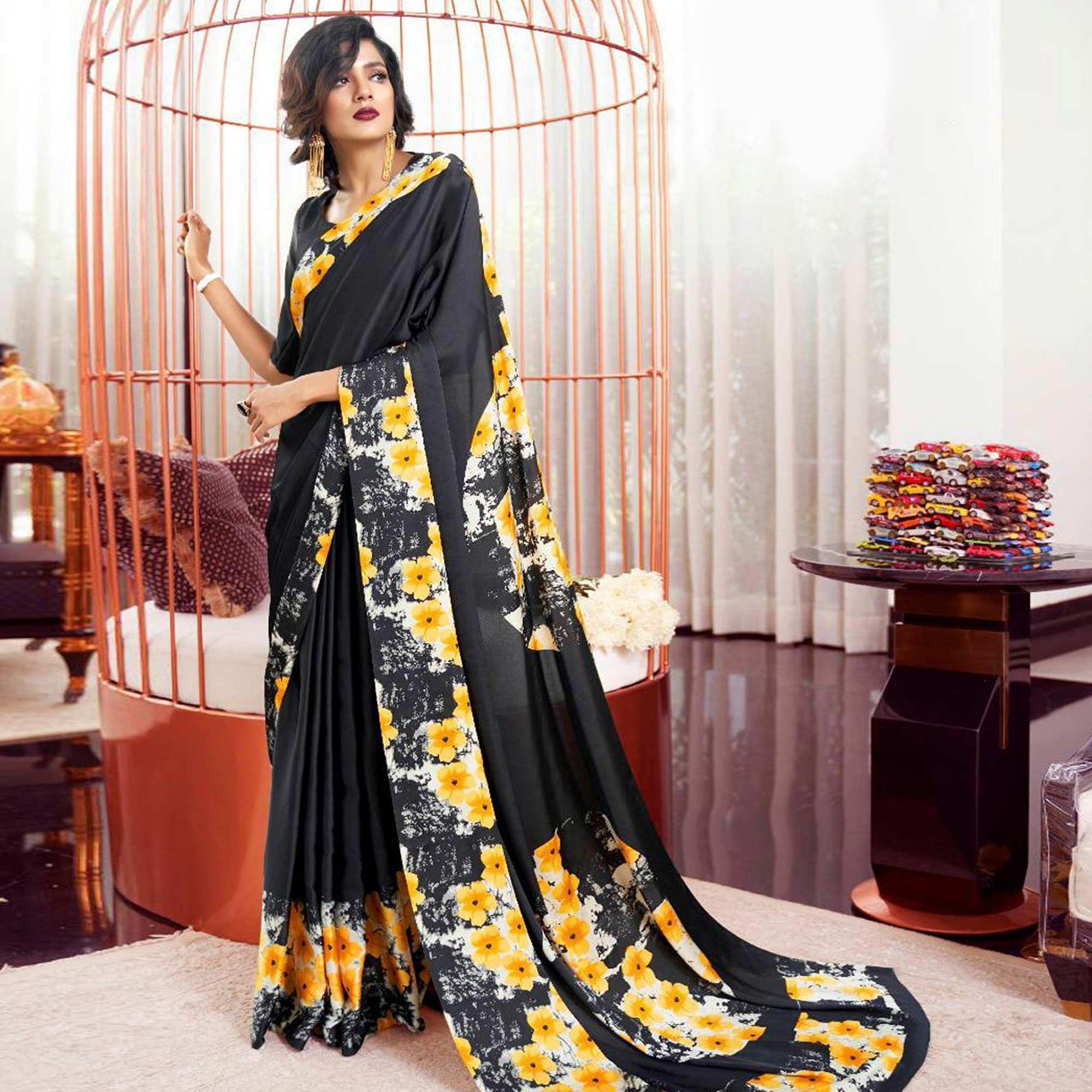 Desirable Black-Yellow Colored Partywear Fancy Printed Japan Satin-Crepe Saree - Peachmode