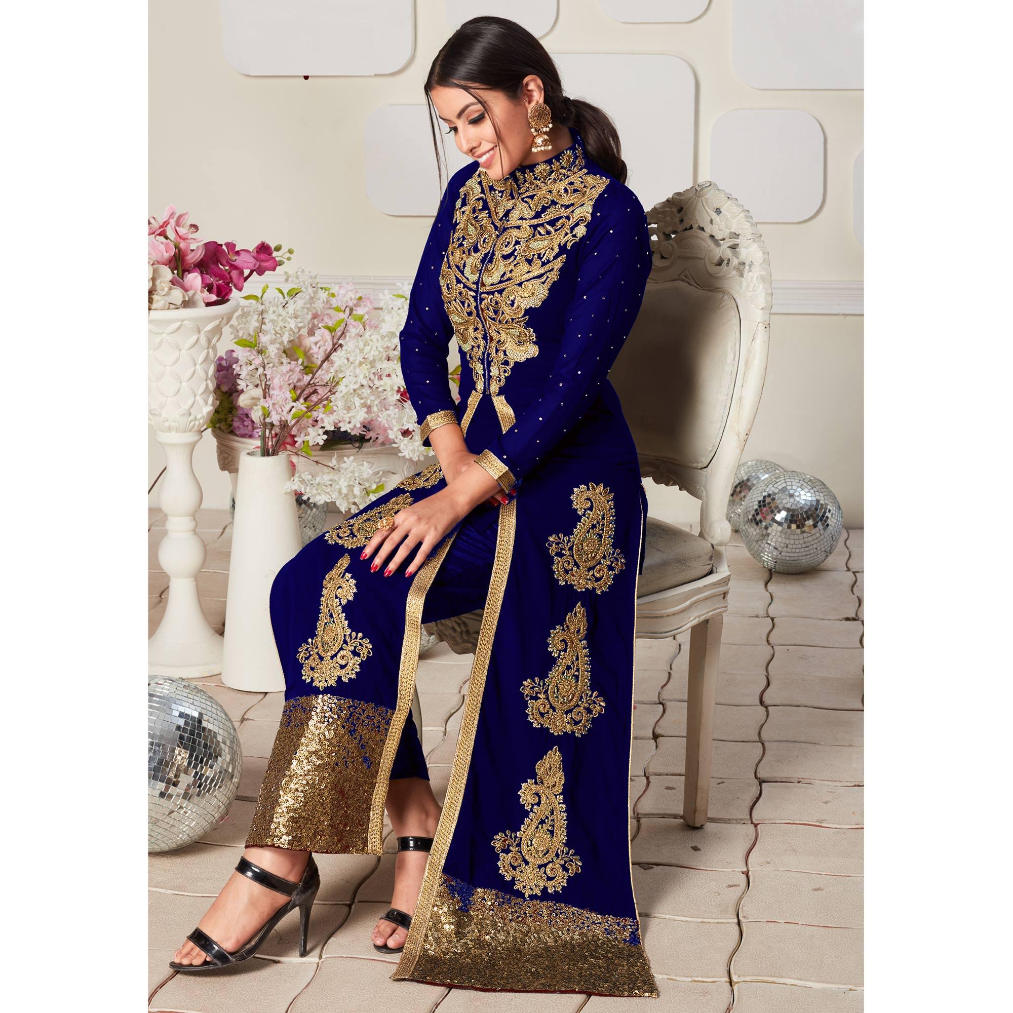 Desirable Blue Colored Party Wear Embroidered Georgette Pant Style Suit - Peachmode