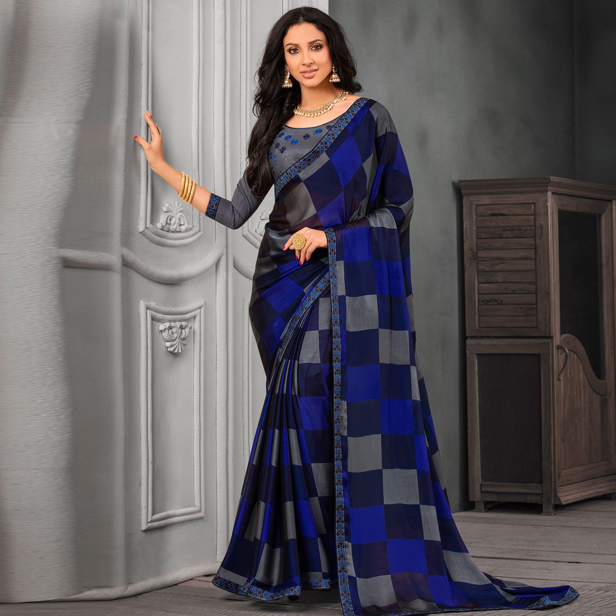Desirable Blue Colored Partywear Printed Chiffon Saree - Peachmode