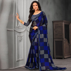 Desirable Blue Colored Partywear Printed Chiffon Saree - Peachmode
