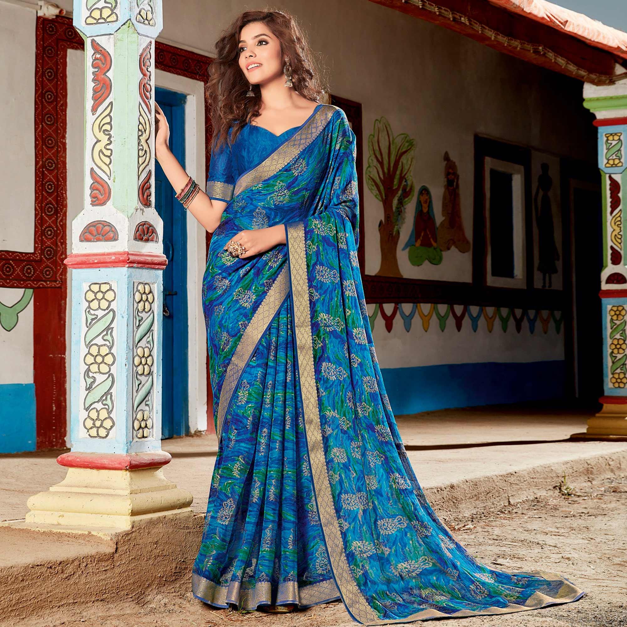 Desirable Blue Coloured Partywear Printed Brasso Saree - Peachmode
