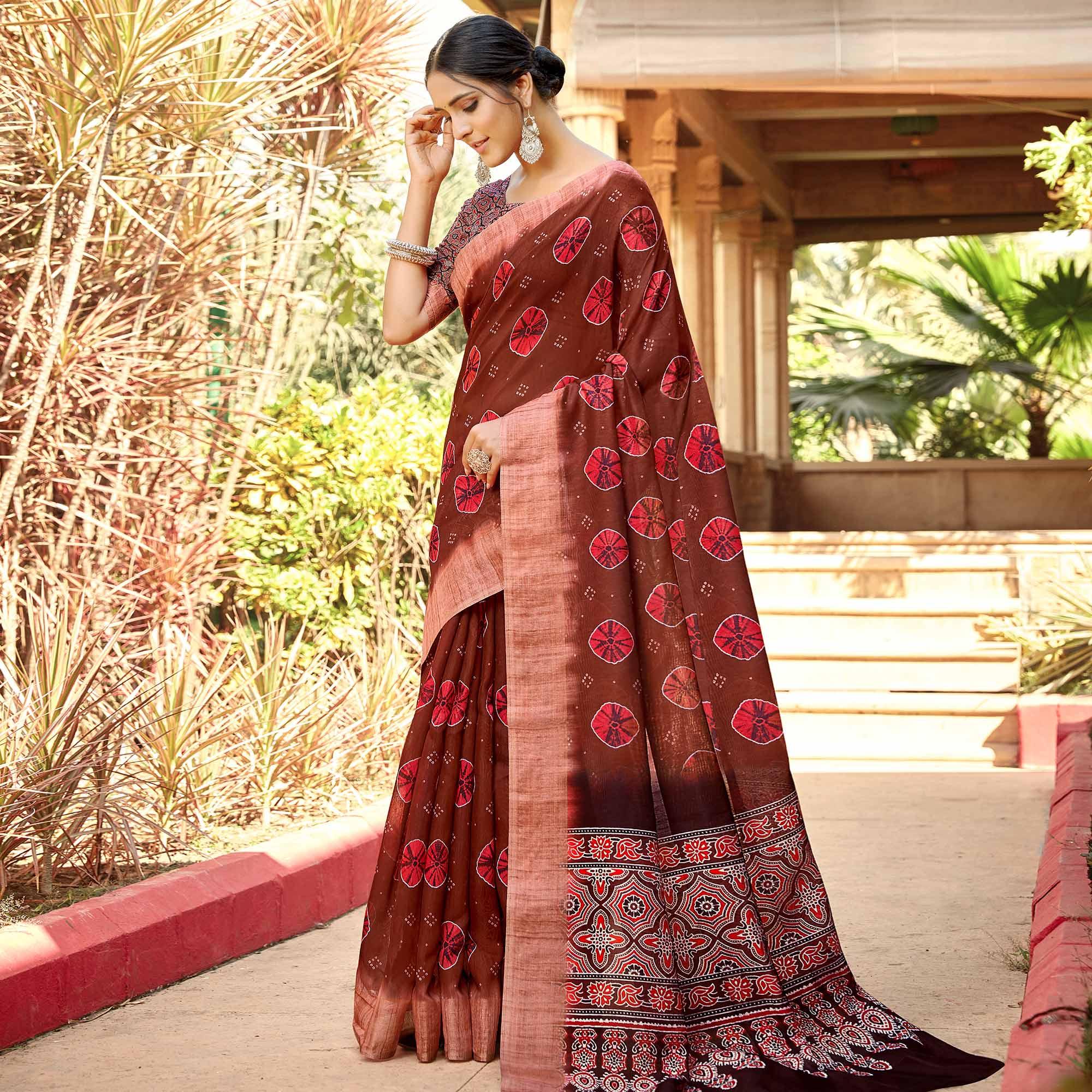 Desirable Brown Colored Digital Printed Festive Wear Linen Designer Saree - Peachmode