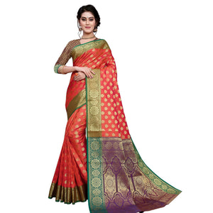 Desirable Coral Red Colored Festive Wear Woven Art Silk Saree - Peachmode
