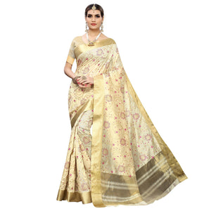 Desirable Cream Colored Festive Wear Woven Cotton Silk Saree - Peachmode