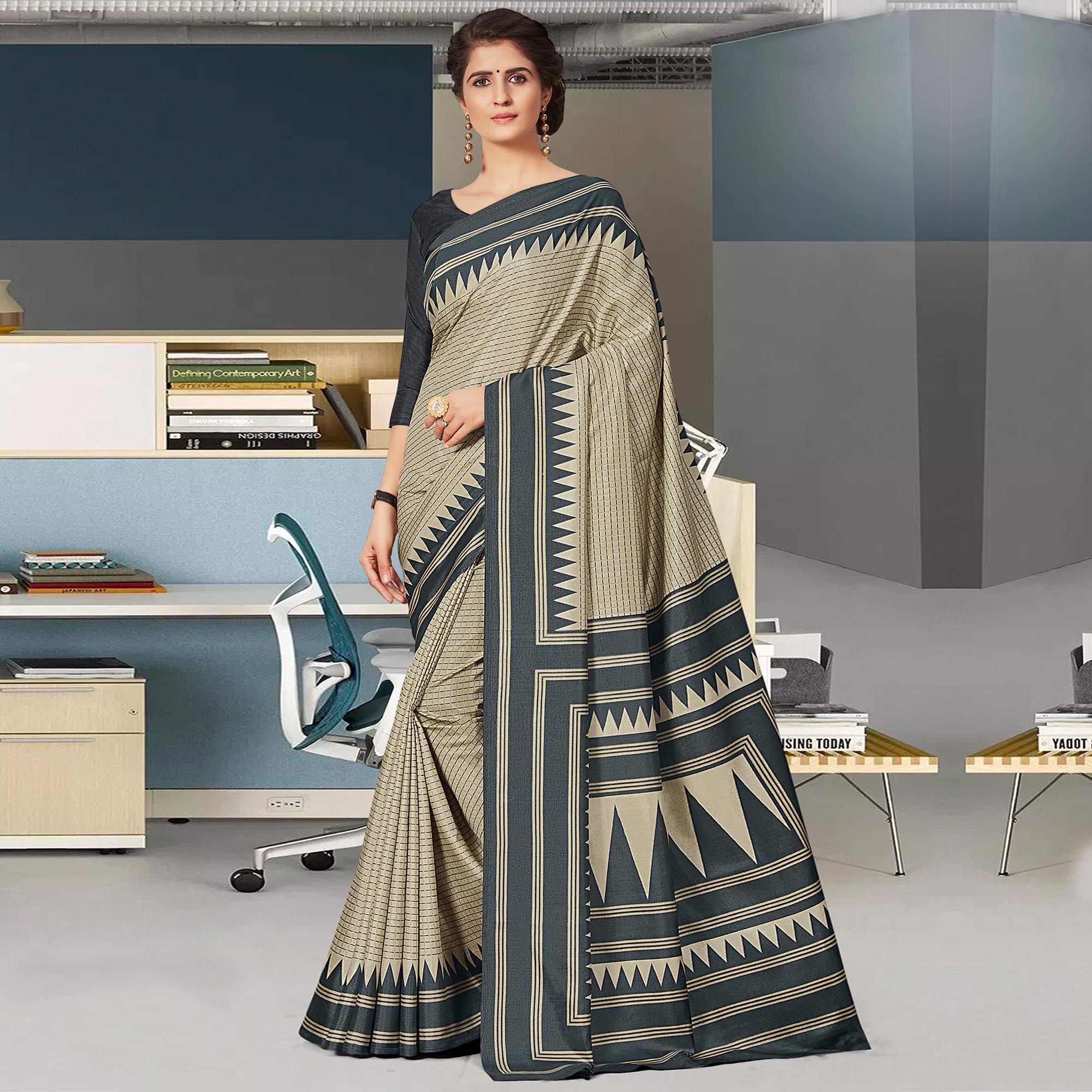 Desirable Cream Coloured Casual Wear Printed Art Silk Saree - Peachmode
