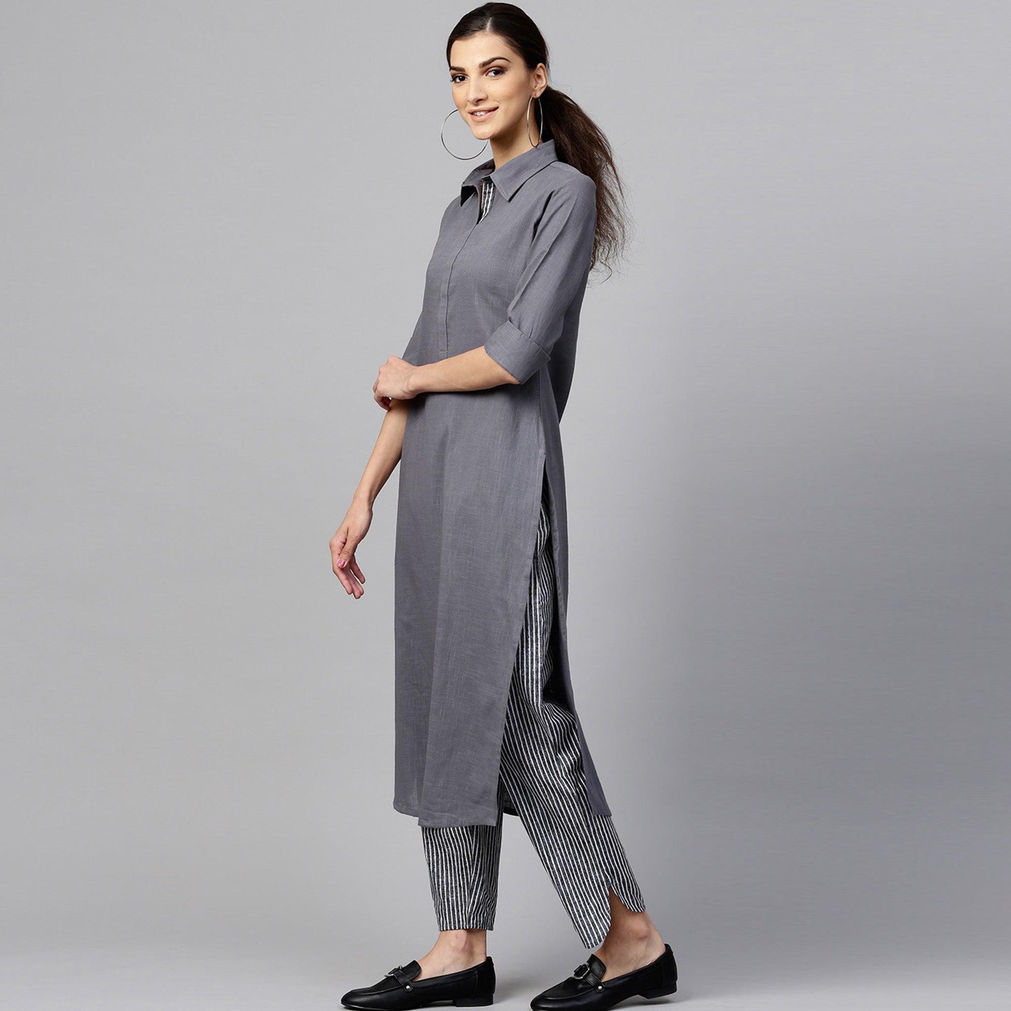 Desirable Dark Gray Colored Casual Wear Cotton Kurti And Bottom Set - Peachmode