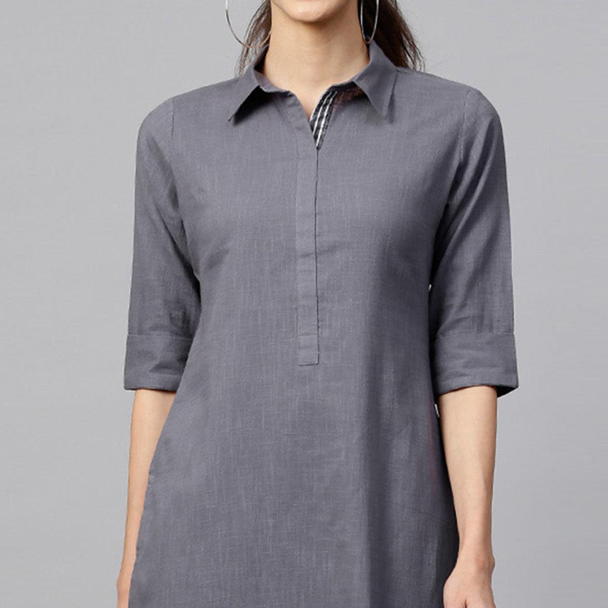 Desirable Dark Gray Colored Casual Wear Cotton Kurti And Bottom Set - Peachmode