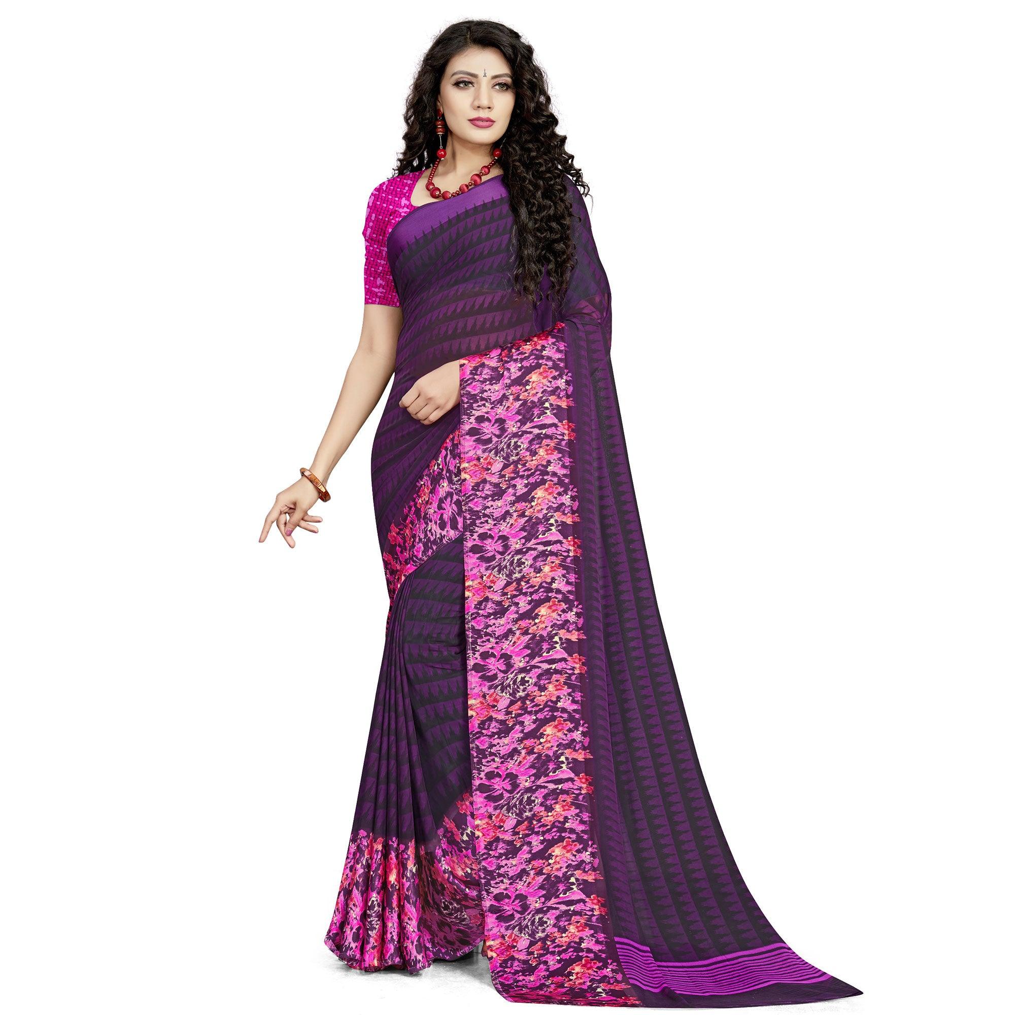 Desirable Dark Purple Colored Casual Wear Printed Georgette Saree - Peachmode