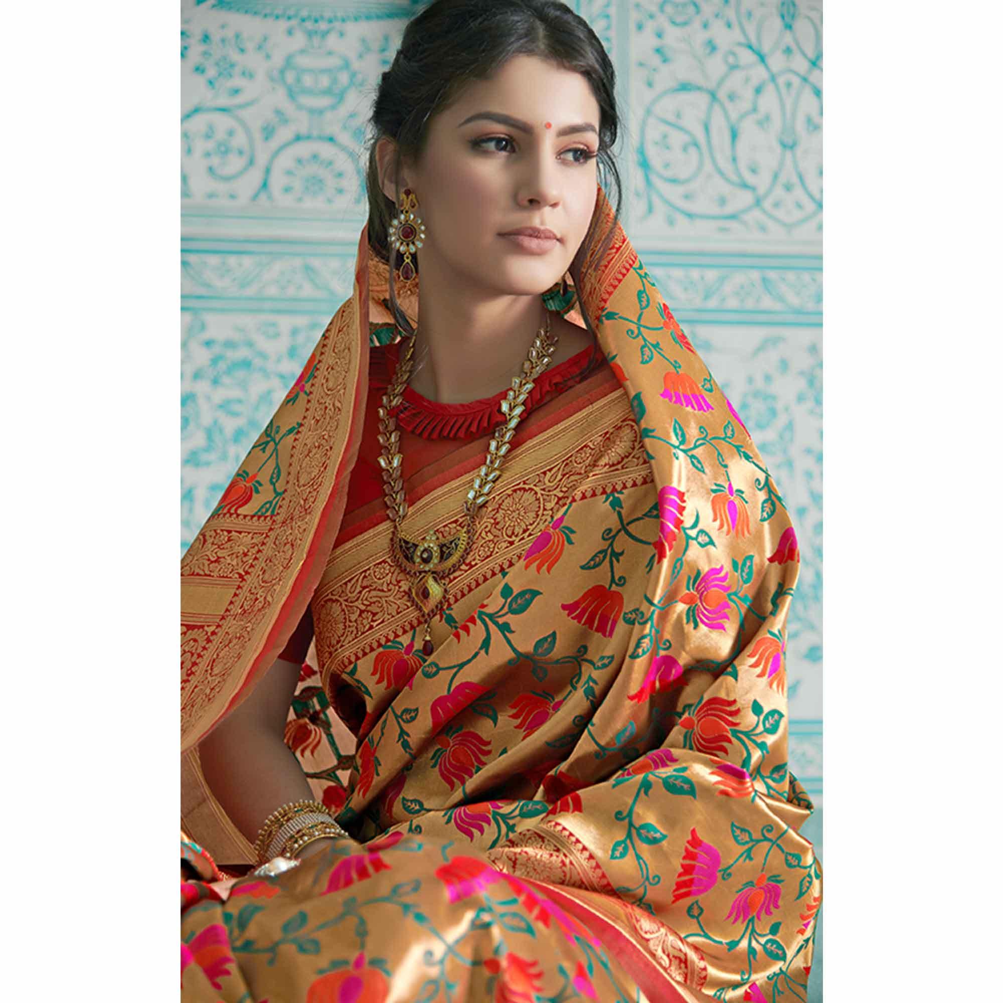 Desirable Golden-Orange Colored Festive Wear Woven Paithani Banarasi Silk Saree - Peachmode