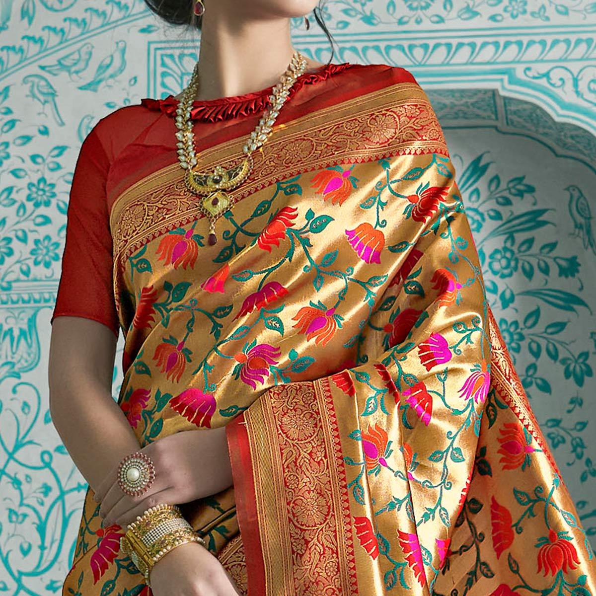 Desirable Golden-Orange Colored Festive Wear Woven Paithani Banarasi Silk Saree - Peachmode