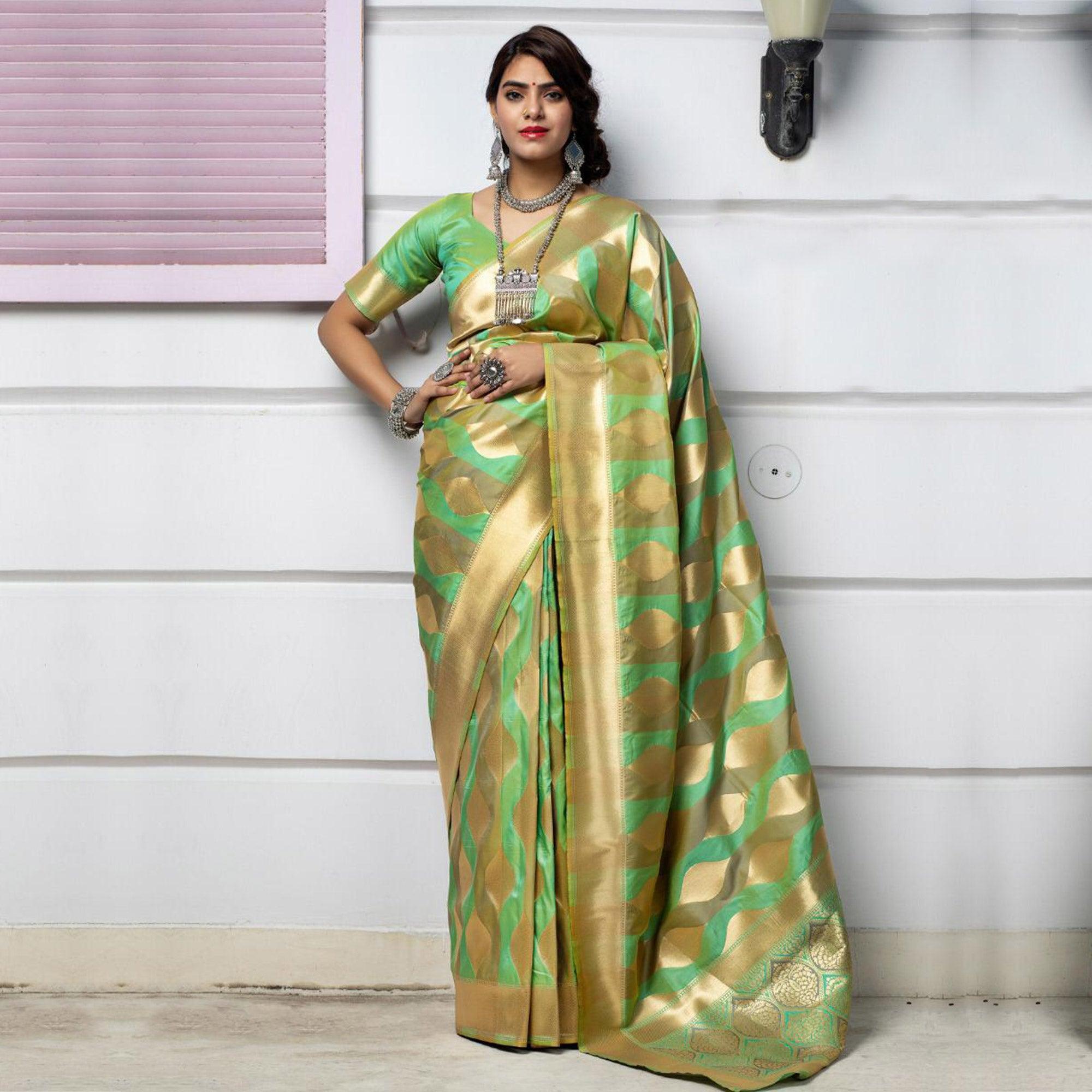 Desirable Green Colored Festive Wear Woven Banarasi Silk Saree - Peachmode