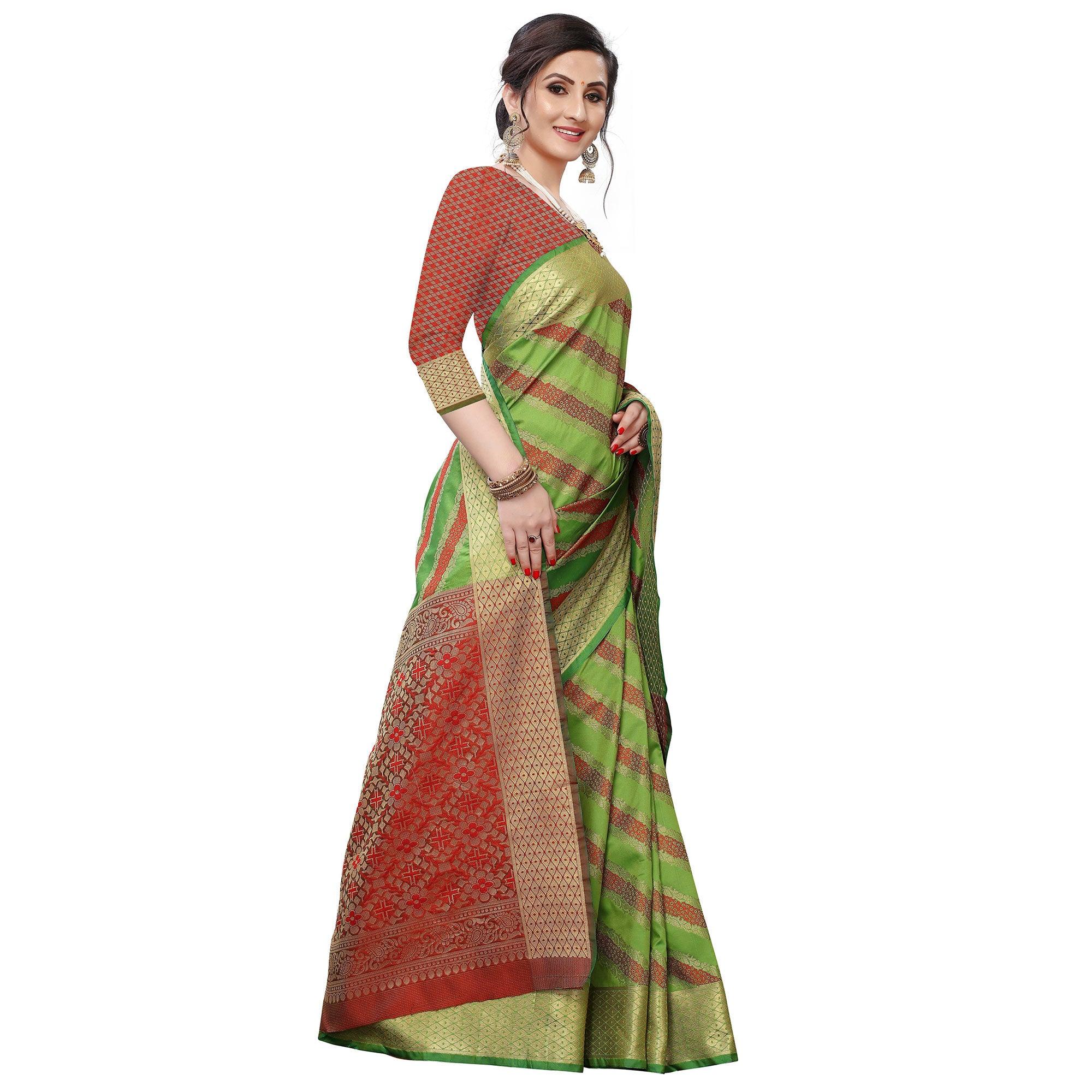 Desirable Green Colored Festive Wear Woven Kanjivaram Silk Saree - Peachmode