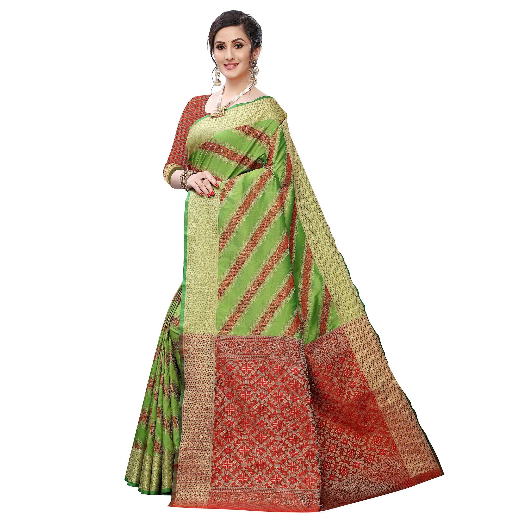 Desirable Green Colored Festive Wear Woven Kanjivaram Silk Saree - Peachmode