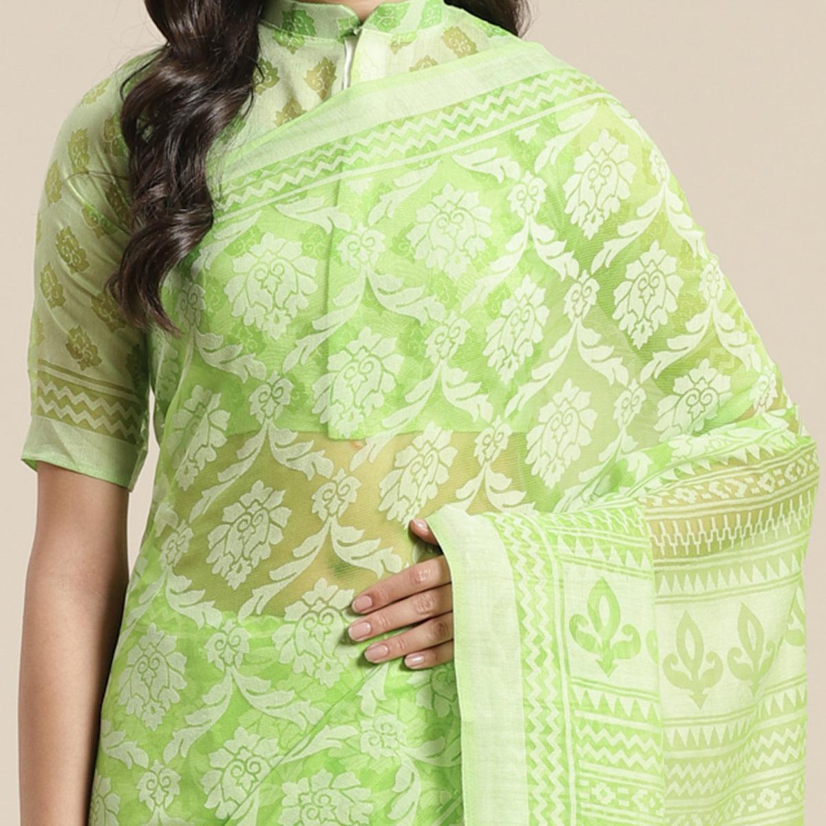Desirable Green Colored Party Wear Geometric Brasso Saree - Peachmode