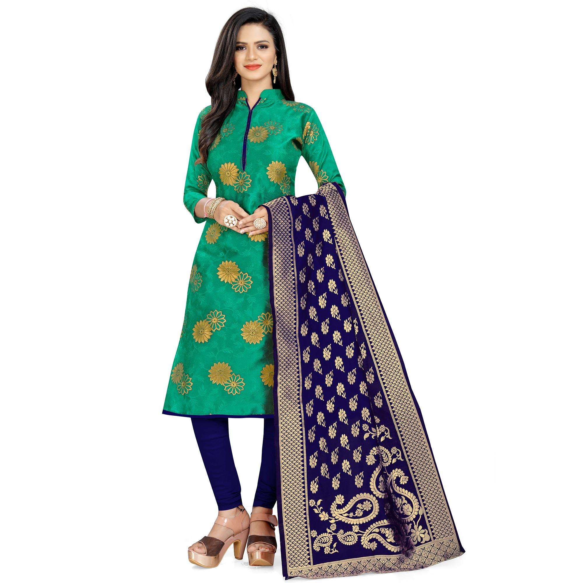 Desirable Green Colored Party Wear Woven Banarasi Silk Dress Material - Peachmode