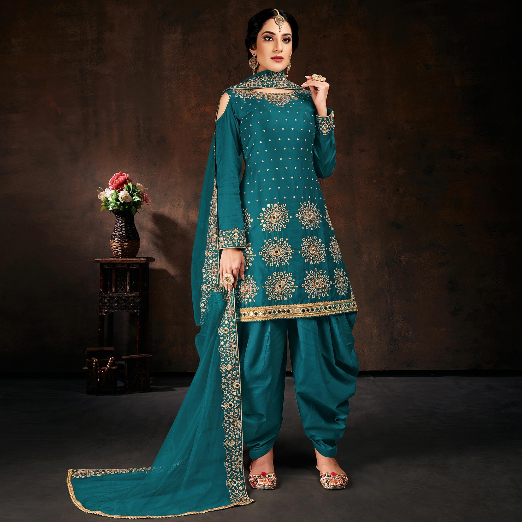 Desirable Green Coloured Partywear Designer Embroidered Heavy Faux Georgette Patiala Suit - Peachmode